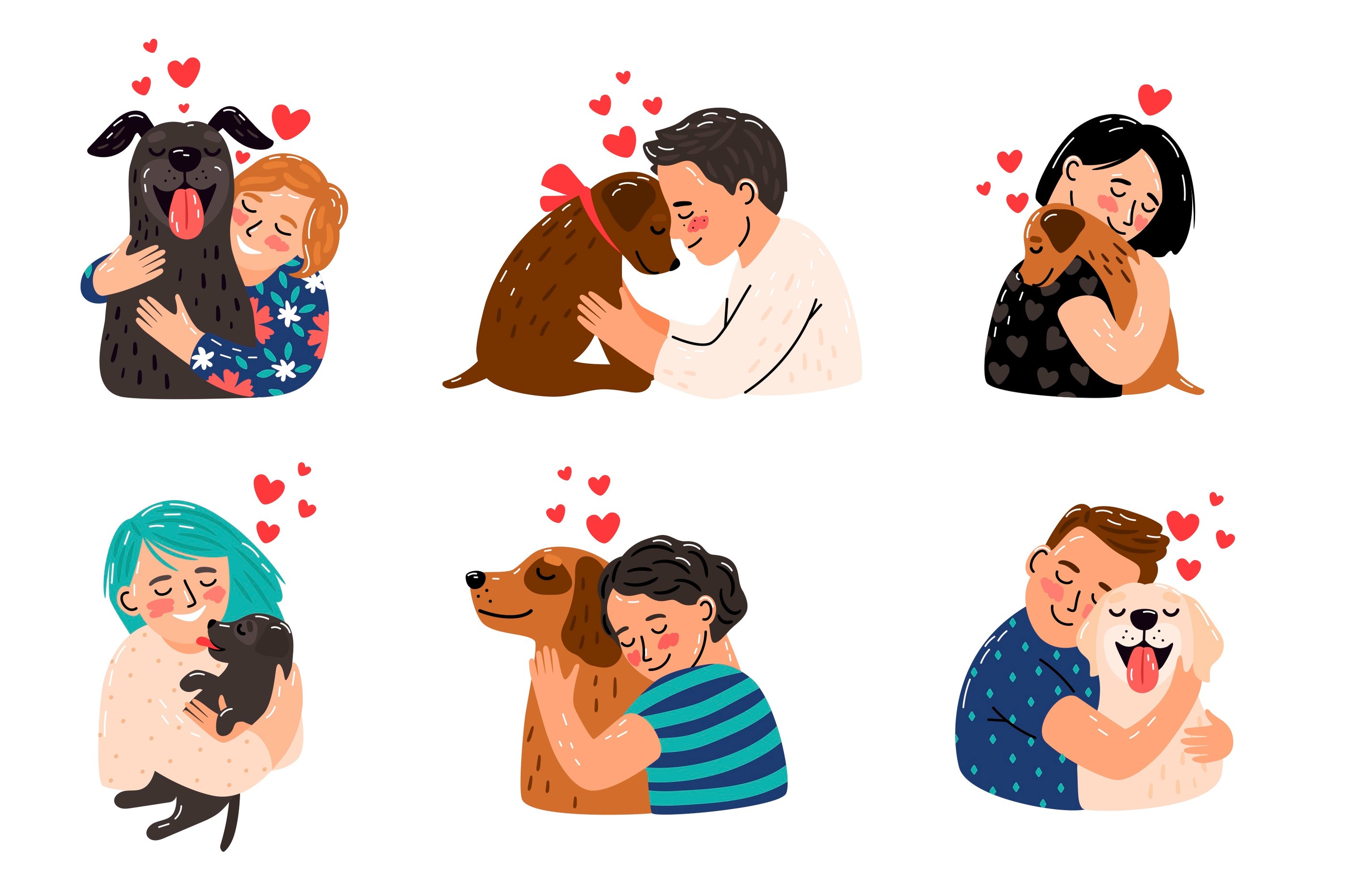 Group of people hugging dogs, woman and man included.