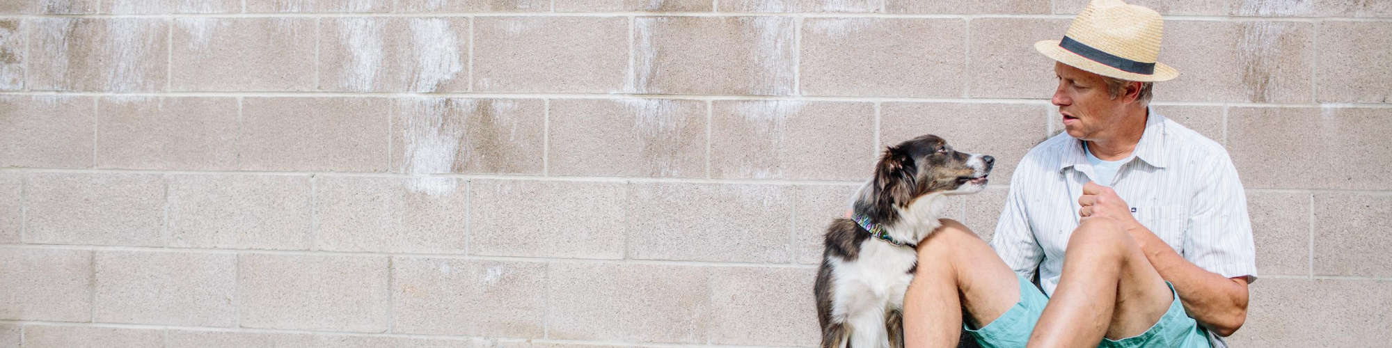 A person wearing a straw hat and casual clothes sits against a stone wall petting a dog. The person is looking at the dog, who appears to be looking back up at them. The scene is relaxed and casual, suggesting a moment of companionship.