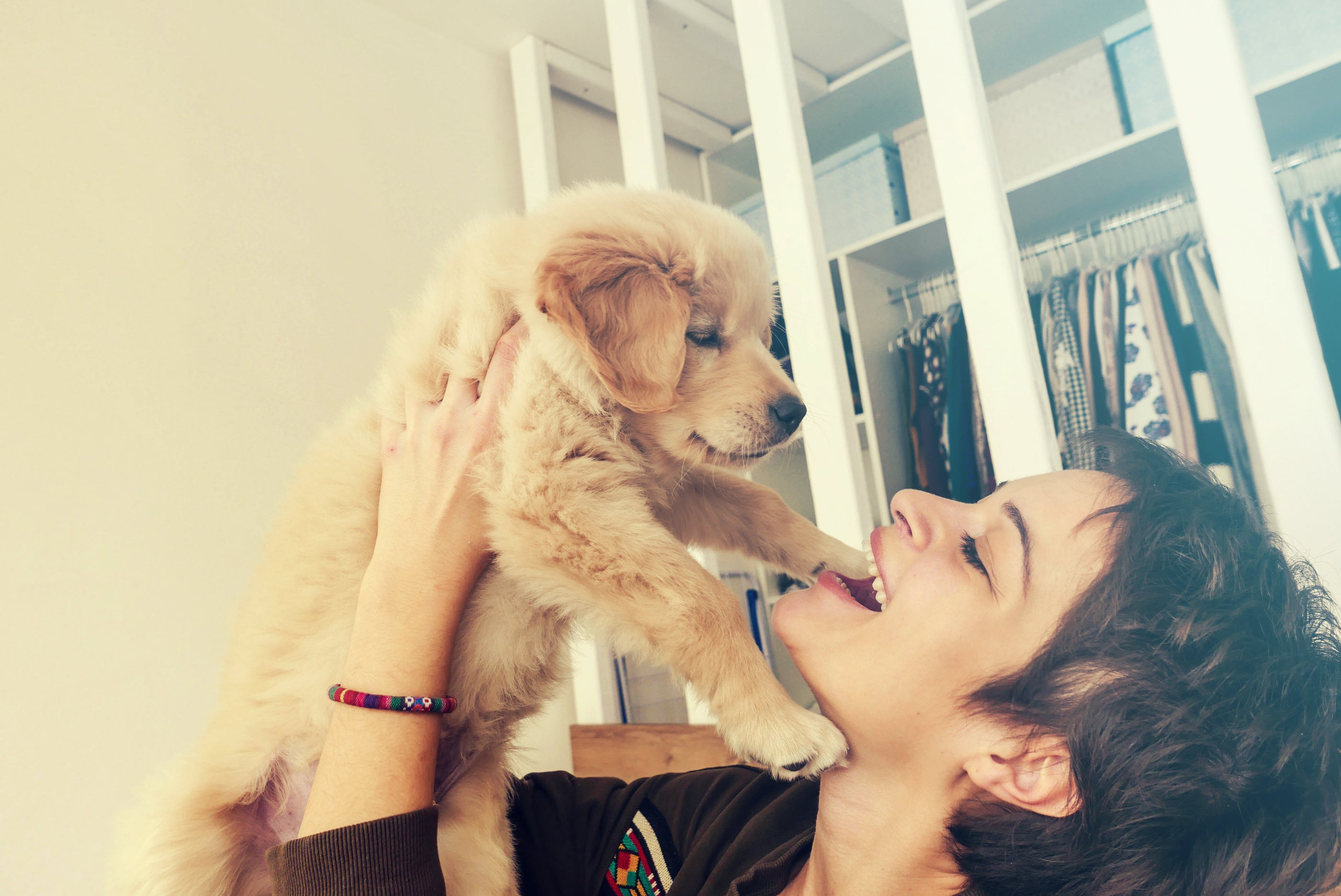 A woman holding a puppy up in the air indoors.