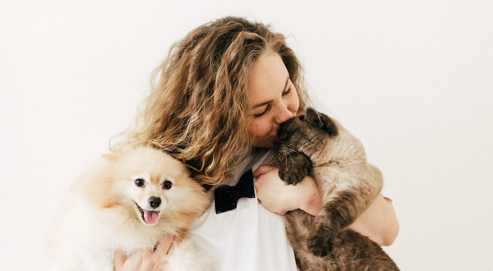 A woman kissing a cat and a dog, person holding a cat, close-up of a dog and bow tie.