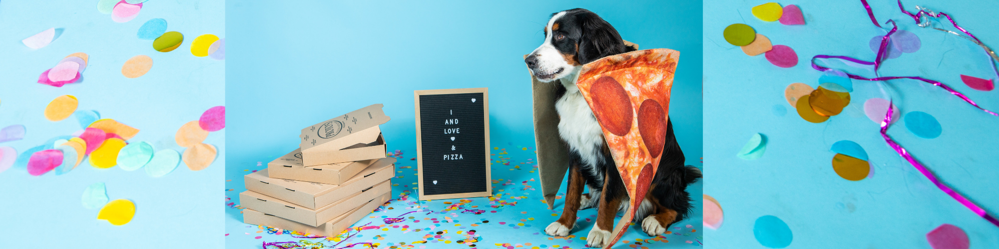 A dog wearing a pizza slice costume sits next to a stack of pizza boxes and a letter board with "We all love pizza" written on it. The scene is decorated with colorful confetti and party streamers against a bright blue background.