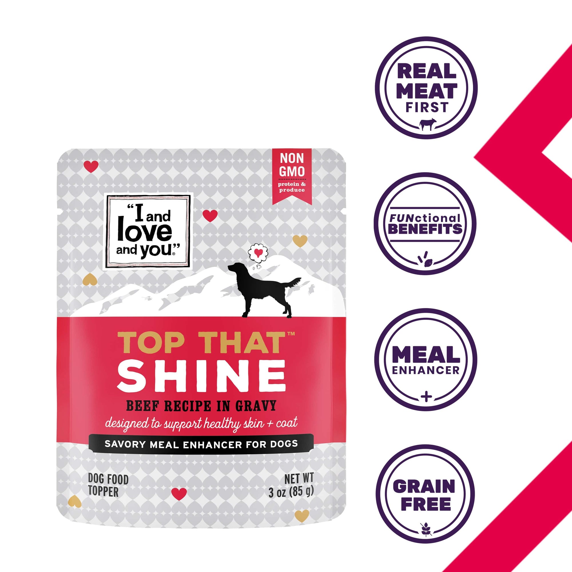 A package of dog food featuring Top That Shine - Beef Recipe squeeze pouch with a silhouette of a dog. Loaded with beef, vitamins, and minerals for a healthy, shiny coat.