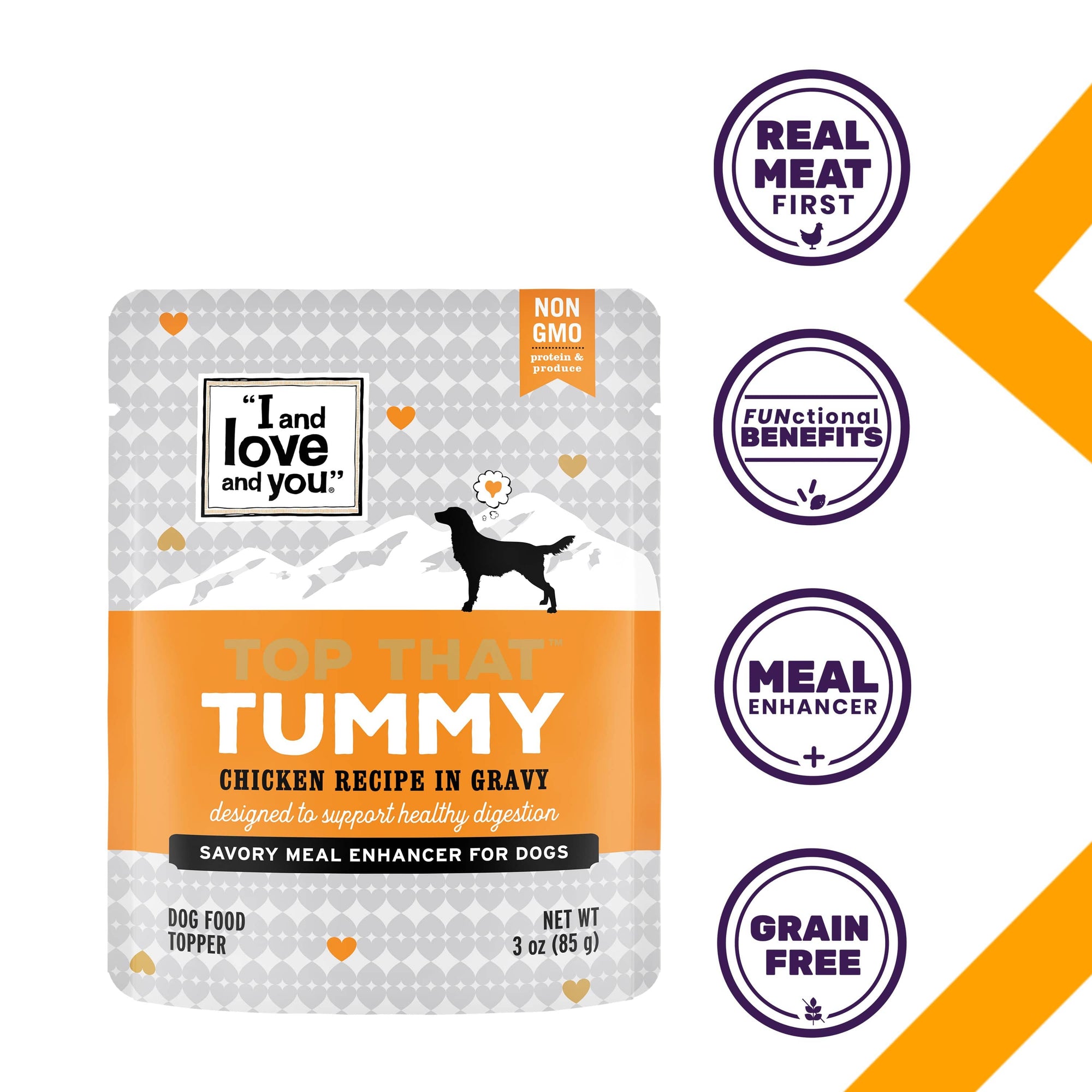 A package of dog food featuring a silhouette of a dog and a logo with text and a chicken. Top That Tummy - Chicken Recipe dog food squeeze pouch with USA farm-raised chicken and prebiotics for a healthy boost.