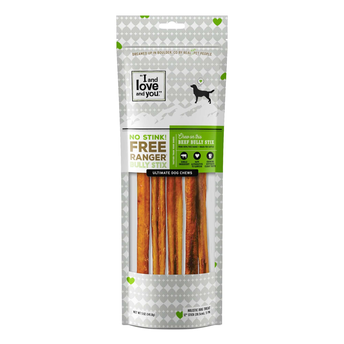 No Stink! Free Ranger Bully Stix 12 package with dog treats, chews, sticks, and label.