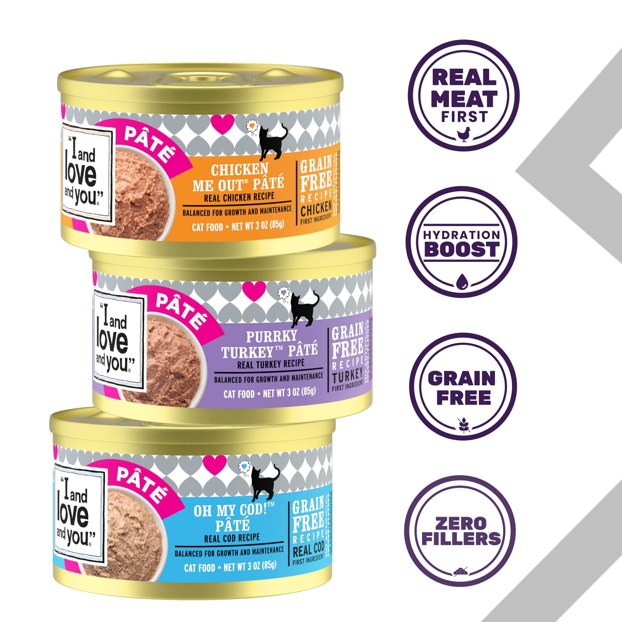 A group of cans of cat food including Oh My Cod!, Purrky Turkey, and Chicken Me Out from the Original Recipe - Cat Can Variety Pack - Pâté All Day showcasing product features such as real meat first, hydration boost, grain free and zero fillers.
