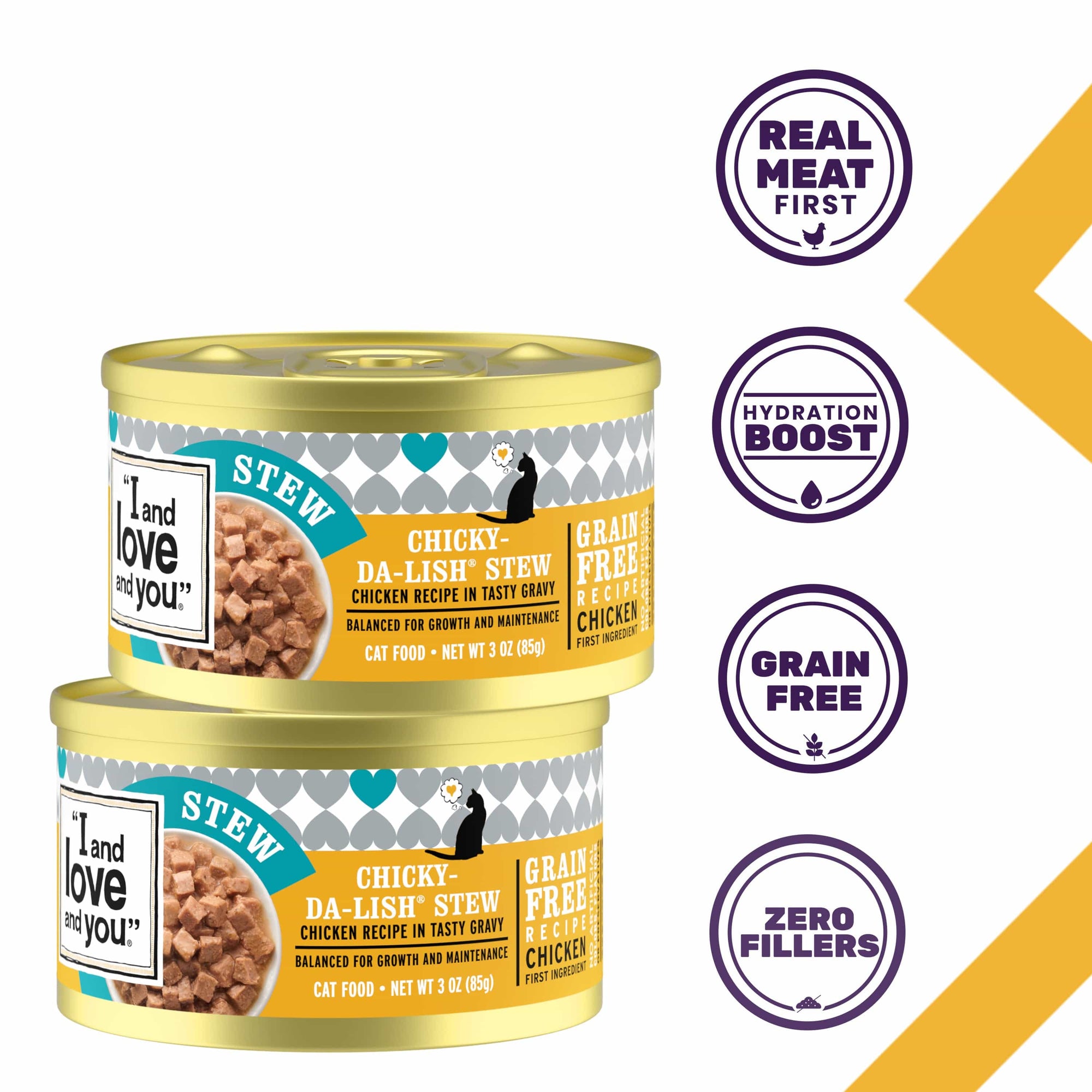 Cans of Chicky-Da-Lish Stew cat food, showcasing product features such as real meat first, hydration boost, grain free and zero fillers.