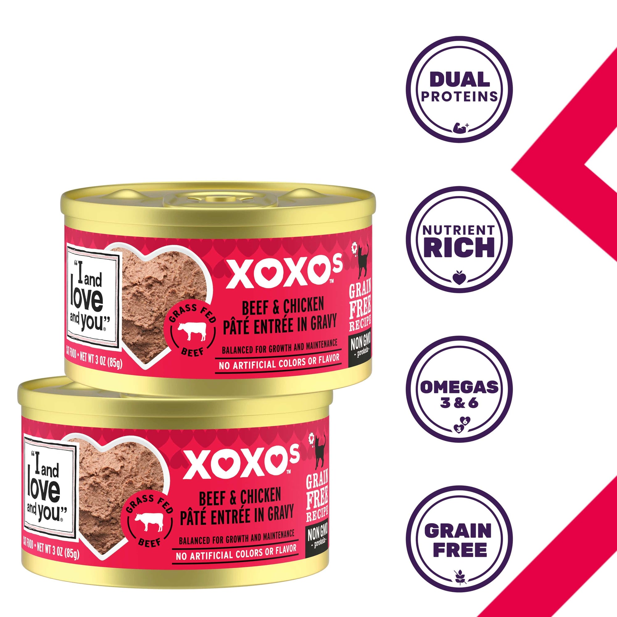 XOXOs Beef & Chicken Pate cans, close-up of savory gourmet meal options for cats.