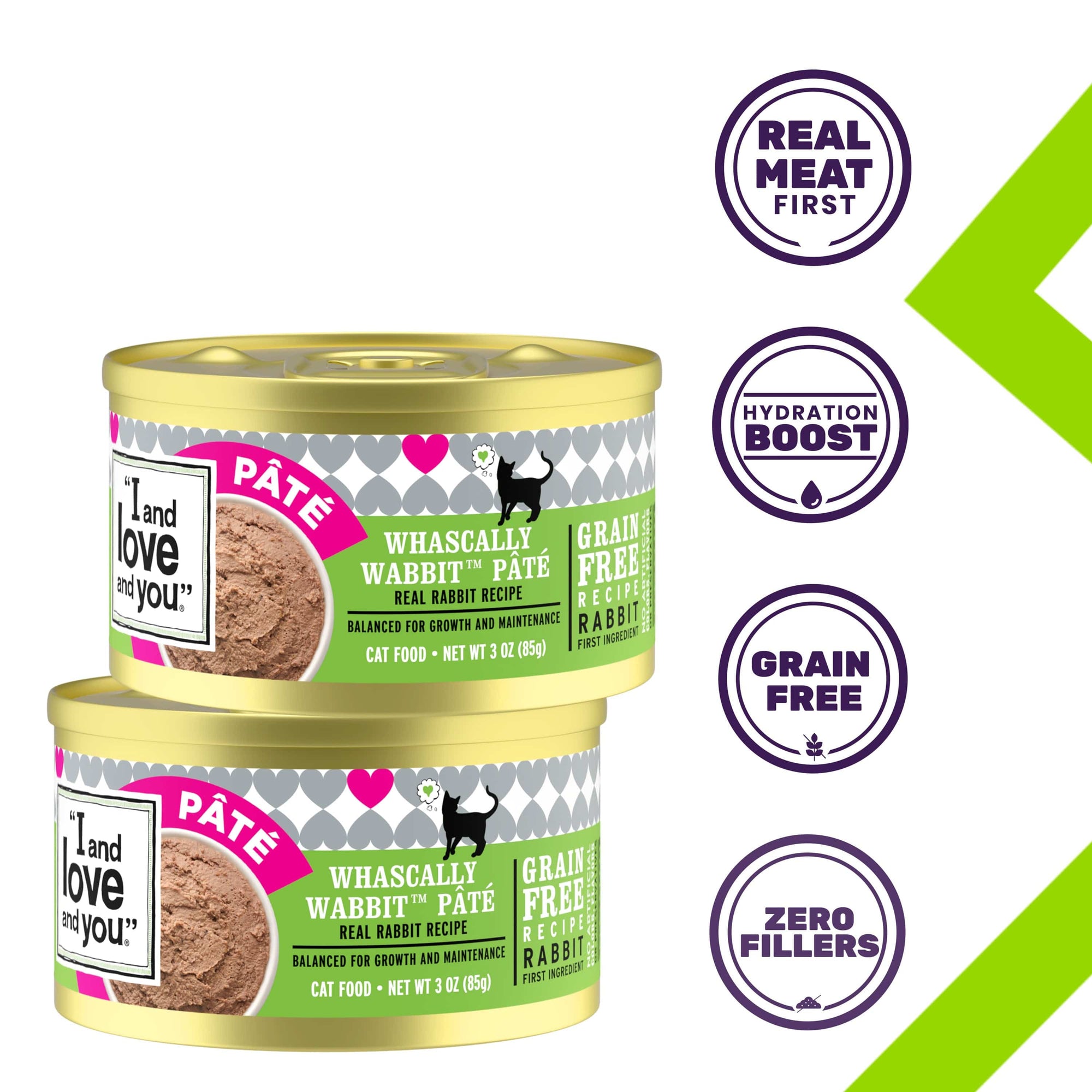 A group of cans of Whascally Wabbit Pâté cat food, showcasing product features such as real meat first, hydration boost, grain free and zero fillers.
