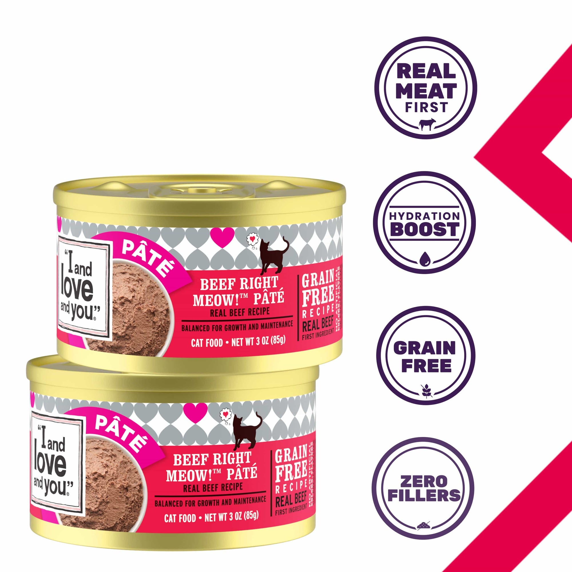 A close-up of a can of Original Recipe - Beef Right Meow! Pâté cat food, showcasing product features such as real meat first, hydration boost, grain free and zero fillers.