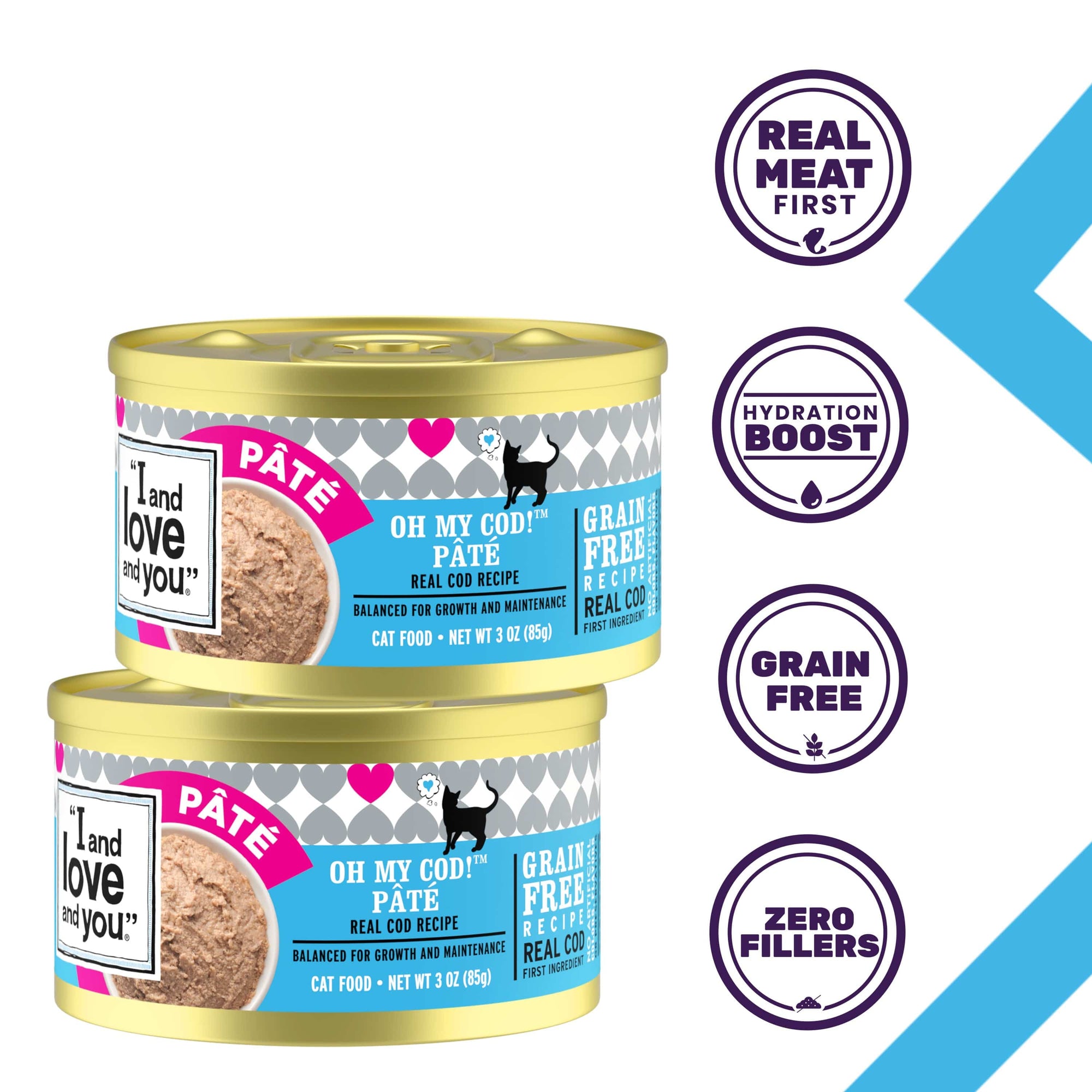 Two cans of Original Recipe - Oh My Cod! Pâté, showcasing product features such as real meat first, hydration boost, grain free and zero fillers.