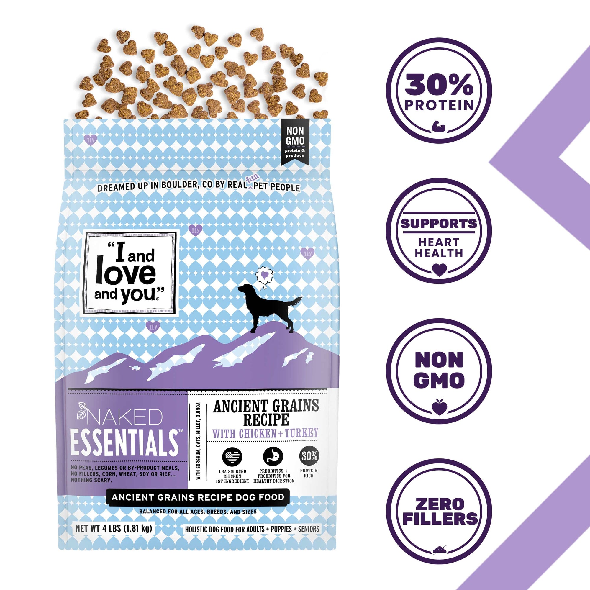 A bag of dog food featuring Naked Essentials Ancient Grains - Chicken + Turkey kibble with USA farm-raised ingredients and added omegas, pre & probiotics, and ancient grains for energy and nutrition.