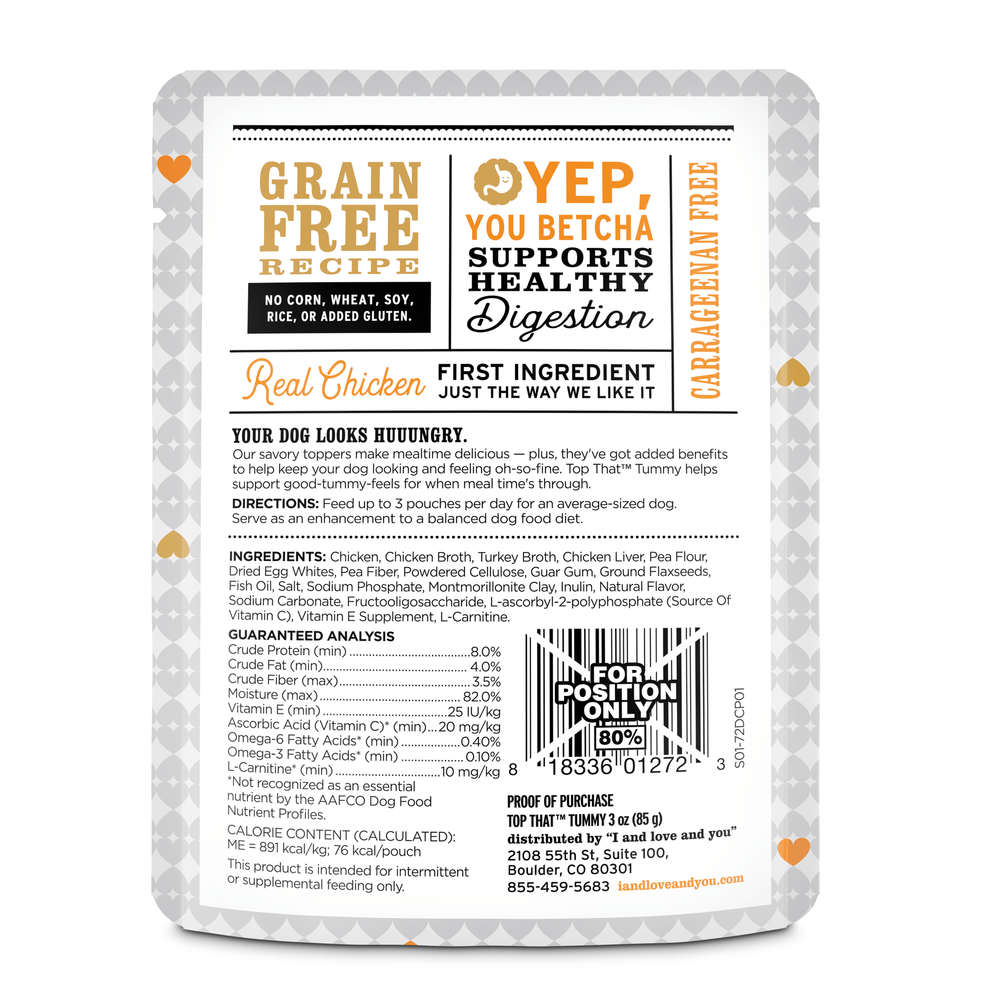 Top That Tummy - Chicken Recipe dog food bag back side with list of ingredients, instructions and barcode.