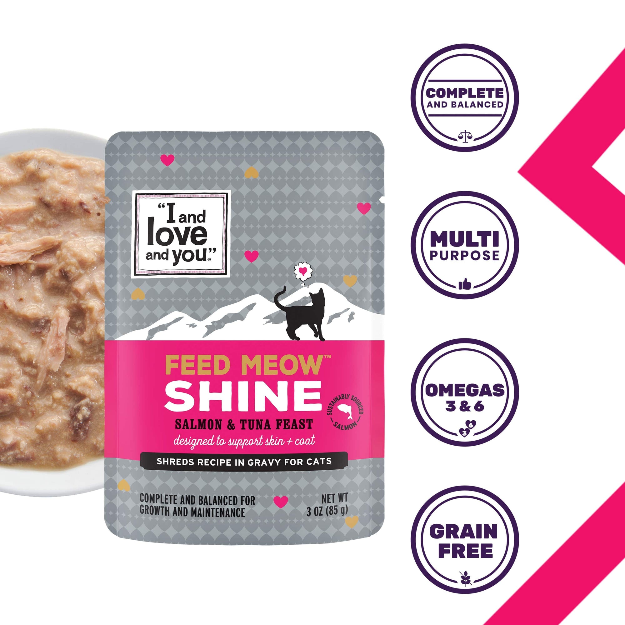 Feed Meow Shine cat food package with bowl, black cat, sign, and purple circles.