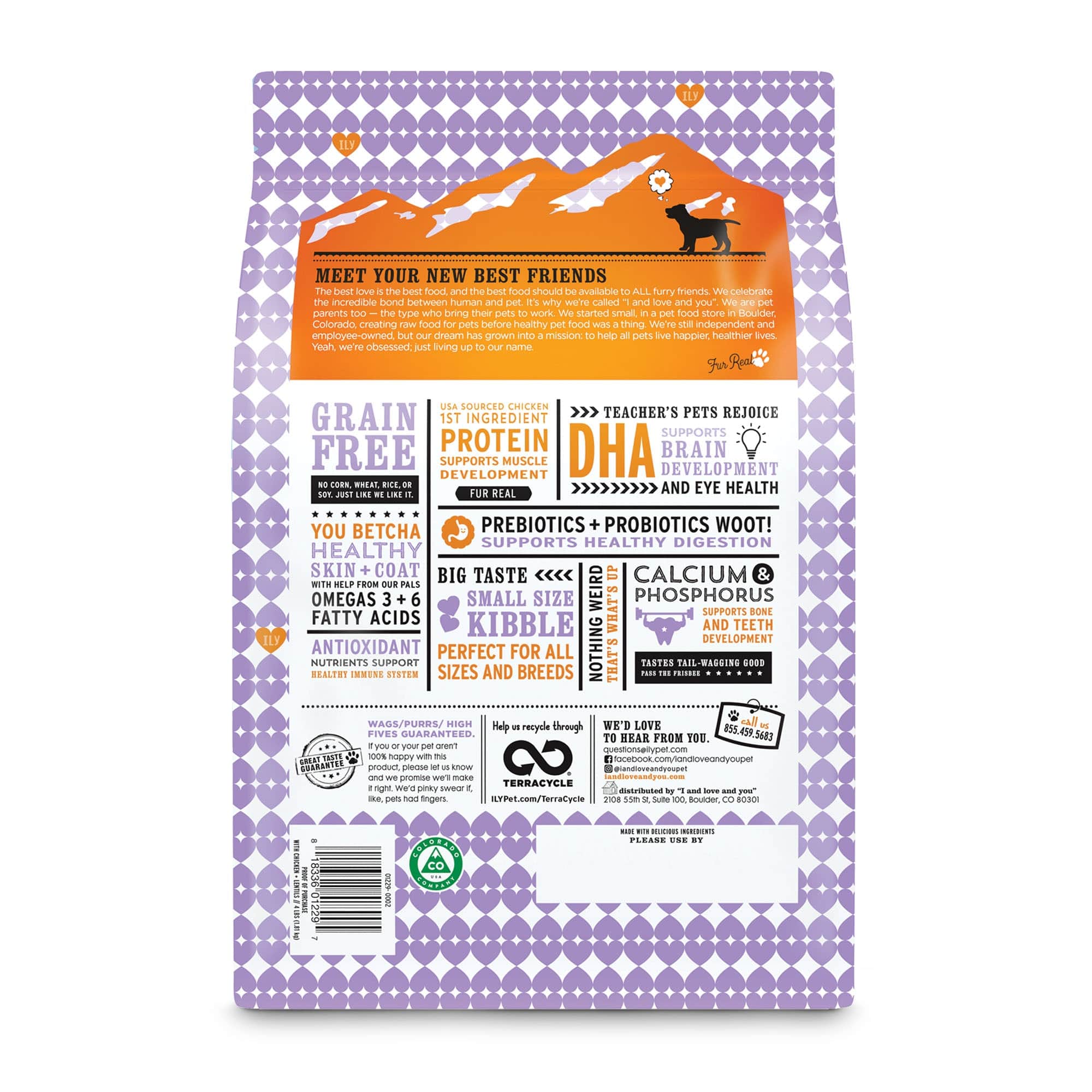 Naked Essentials Puppy - Chicken + Lentil dog food bag back side with list of ingredients, instructions and barcode