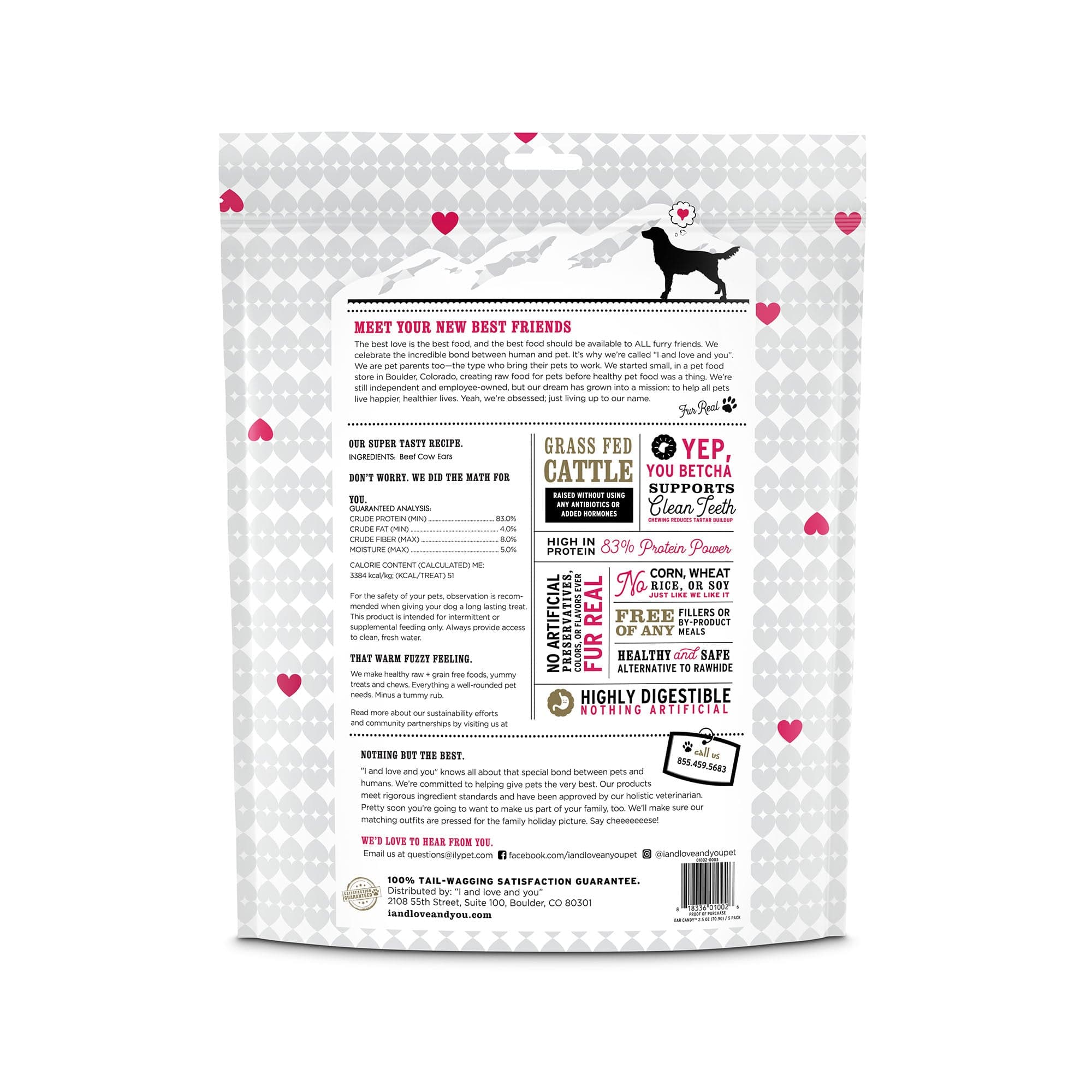 Ear Candy Beef Ear Chews packaging back side with list of ingredients, instructions and barcode