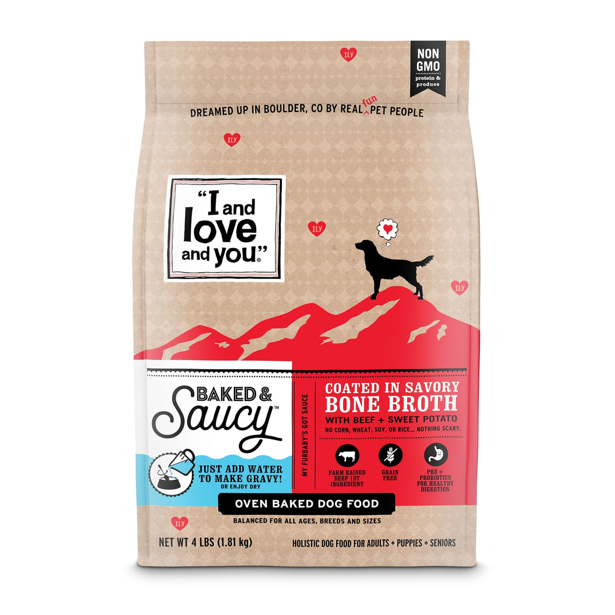 Baked & Saucy - Beef + Sweet Potato. Heart-shaped kibble coated in savory bone broth with beef and sweet potato, a bag of dog food with a silhouette of a dog.