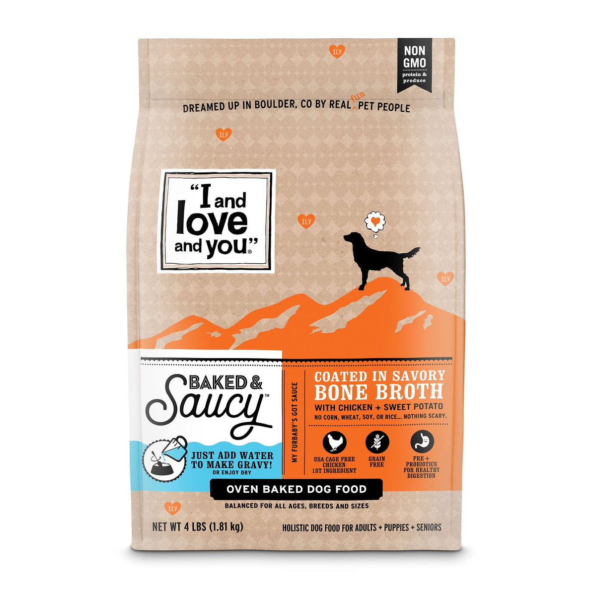 Baked & Saucy - Chicken + Sweet Potato. Heart-shaped kibble coated in savory bone broth with chicken and sweet potato, a bag of dog food with a silhouette of a dog.
