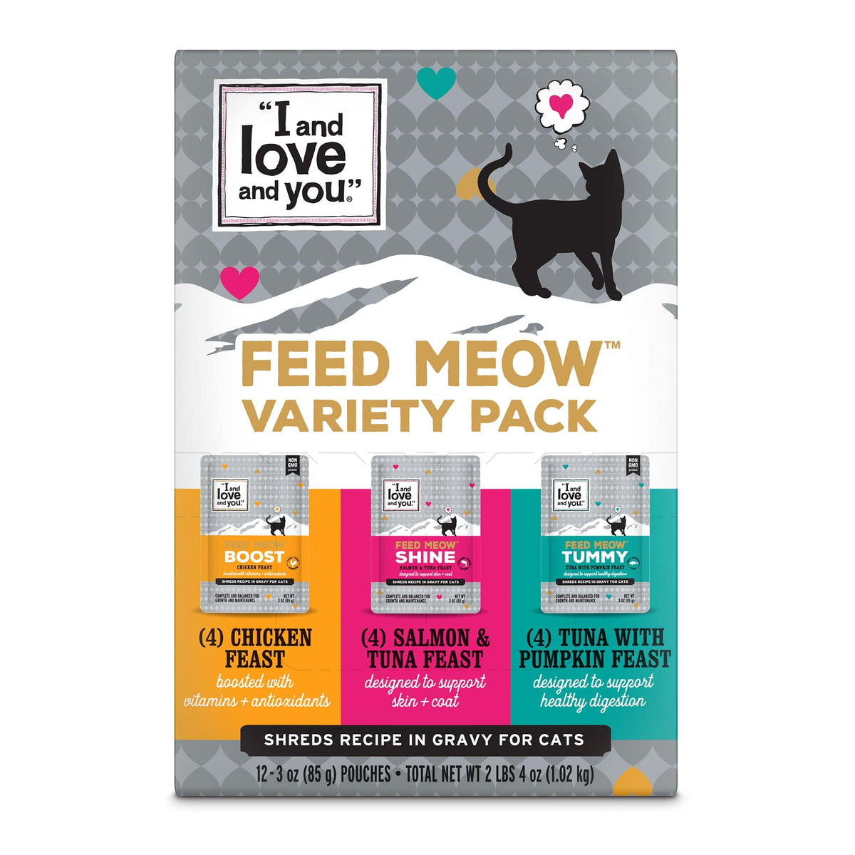 Feed Meow Variety Pack with cat food packages, a cat with heart pattern, a white sign, a flower, and a yellow letter O.