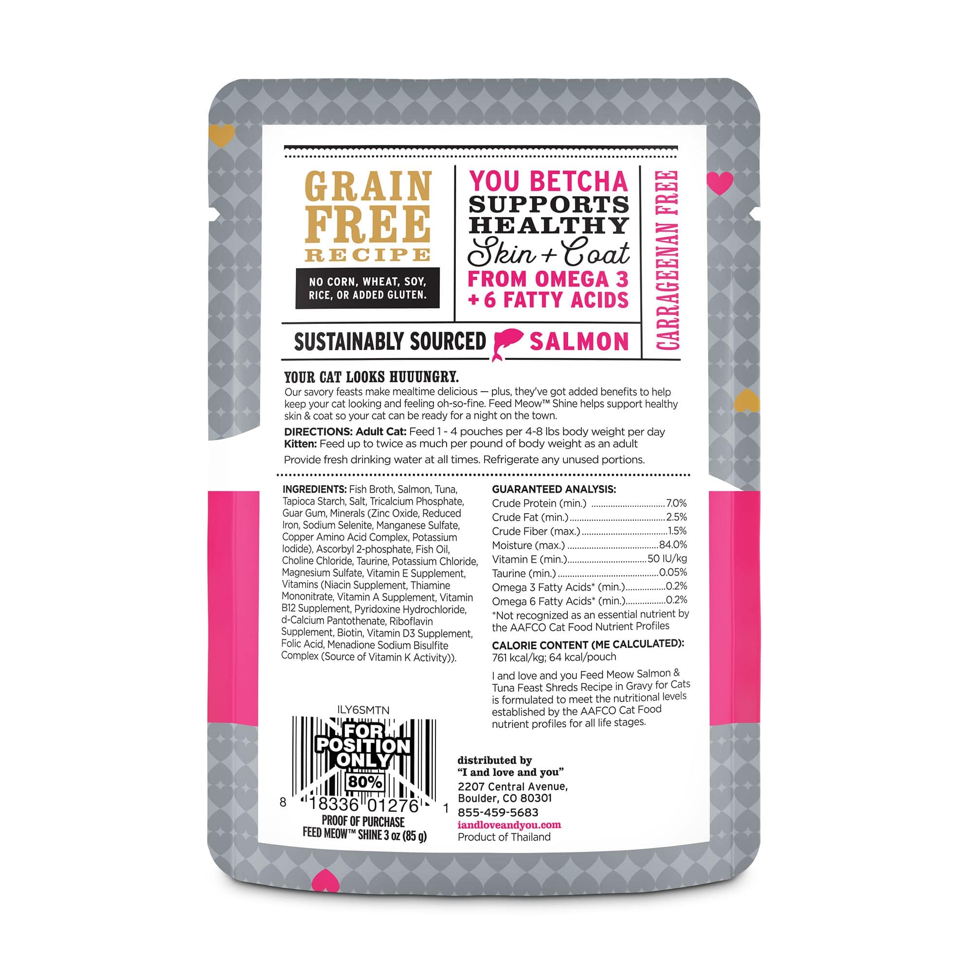 Feed Meow Shine cat food package back side with list of ingredients, instructions and barcode.