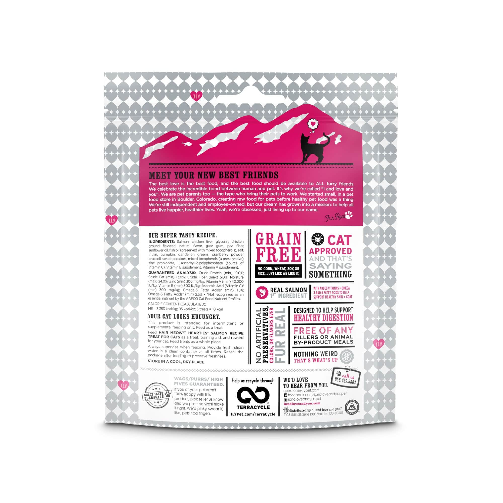 A bag of Hair Meow't Hearties cat food. Package back side with list of ingredients, instructions and barcode