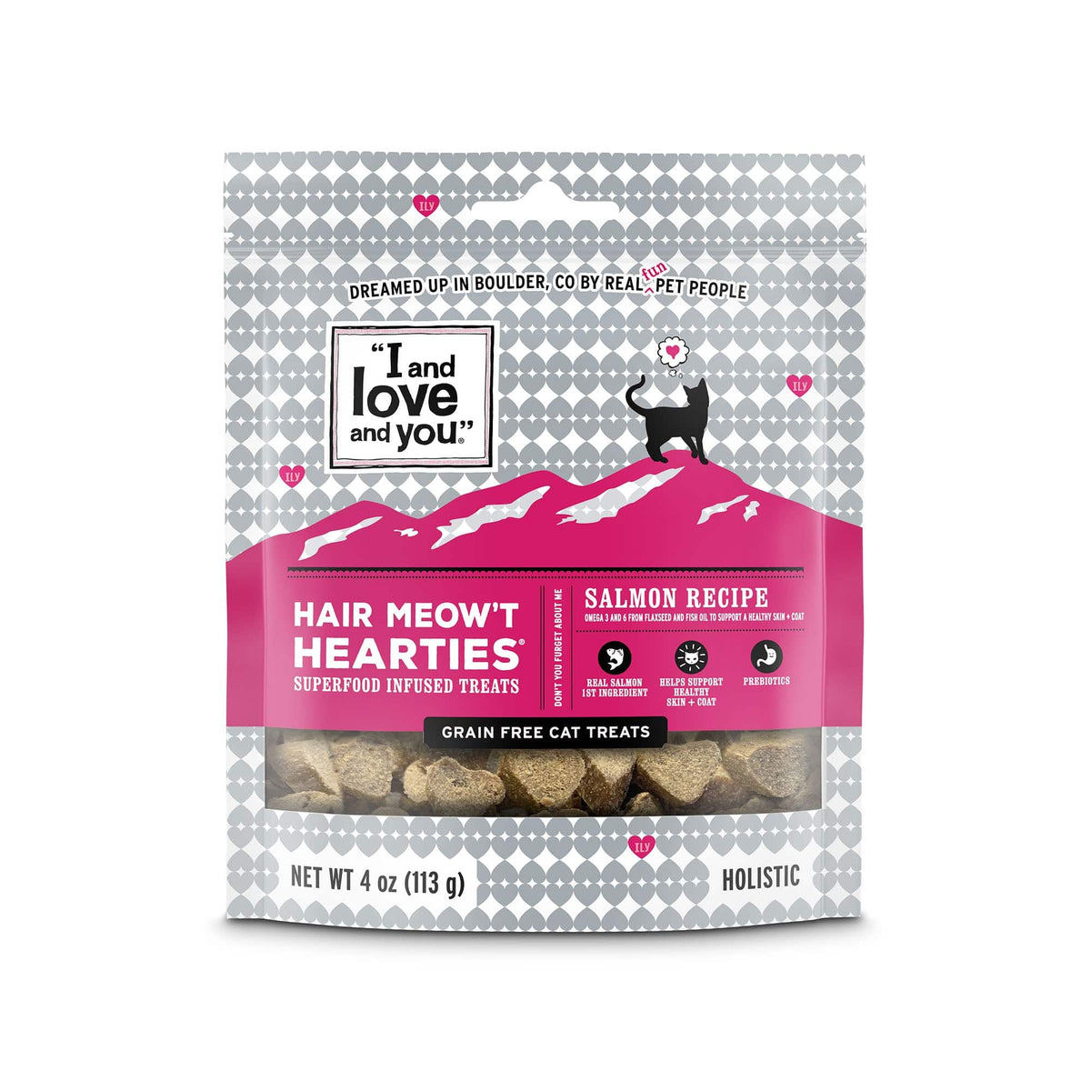 A bag of Hair Meow't Hearties cat food featuring real meat, Prebiotics + Probiotics, Omegas 3 & 6, and flaxseed for shiny coats. No grains or fillers.