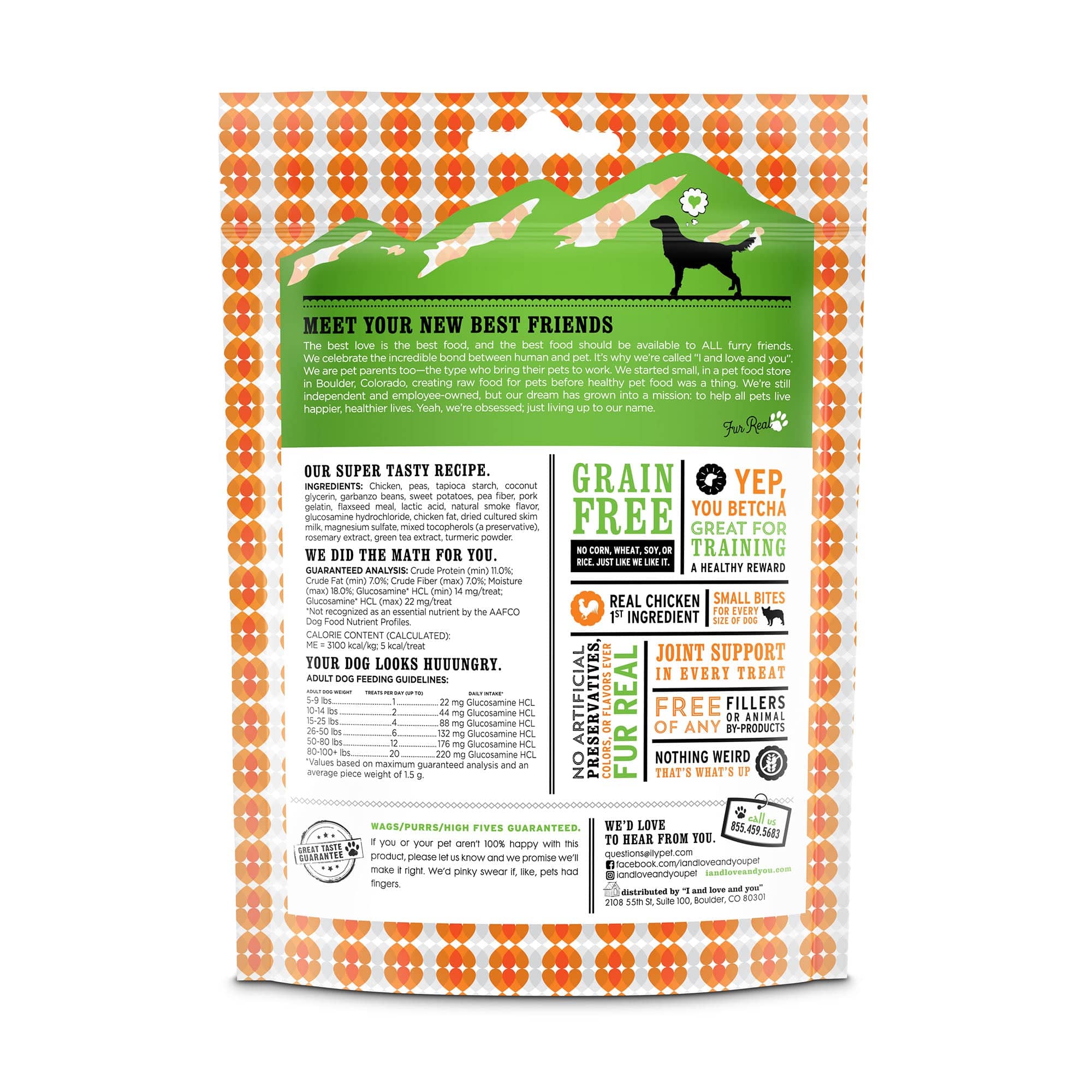 Hip Hoppin' Hearties dog treats in bag, package back side with list of ingredients, instructions and barcode