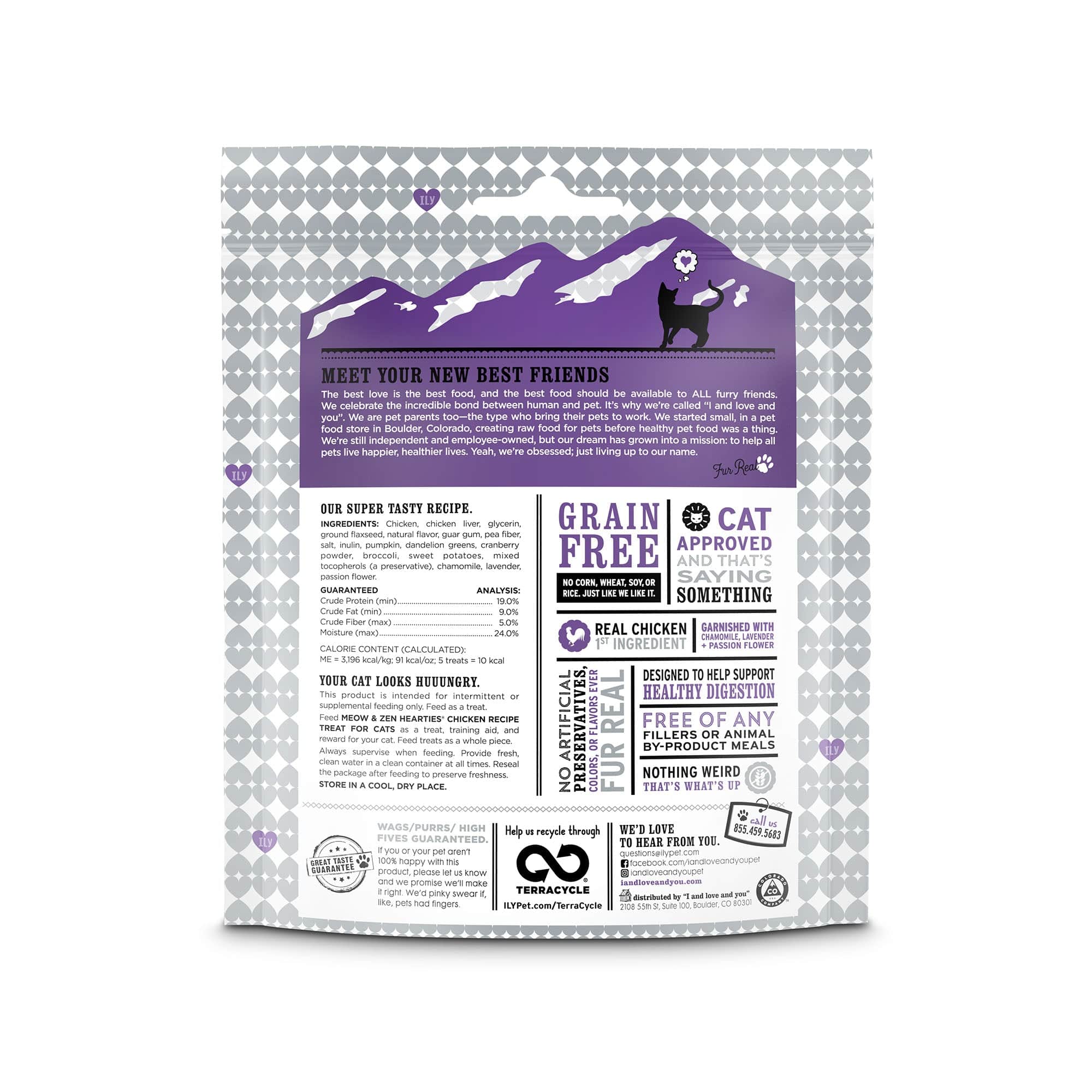 A bag of cat food with Meow and Zen Hearties® product. Package back side with list of ingredients, instructions and barcode