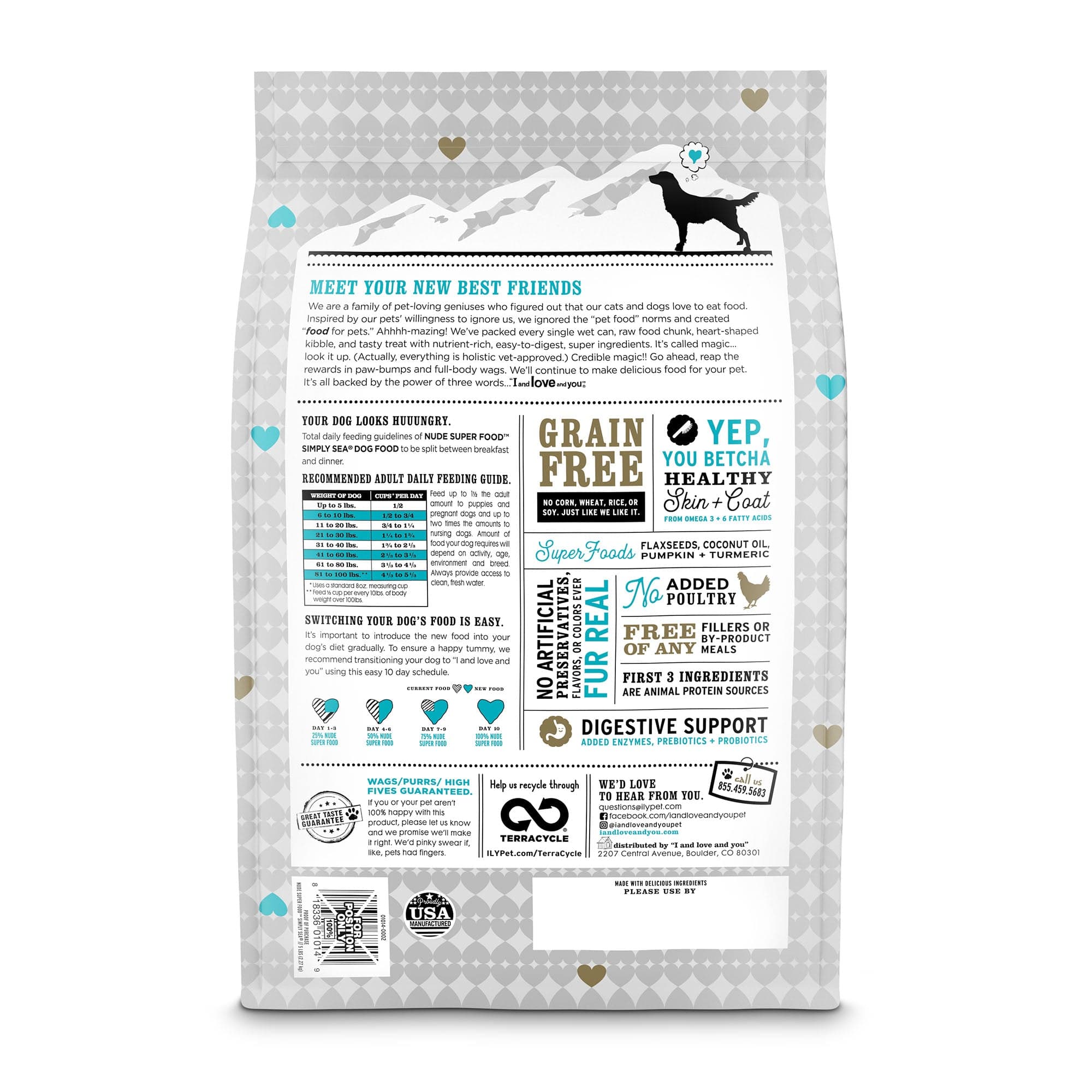 Nude Super Food - Simply Sea bag with high-protein kibble for dogs, featuring a close-up silhouette of a dog and a bag of dog food.