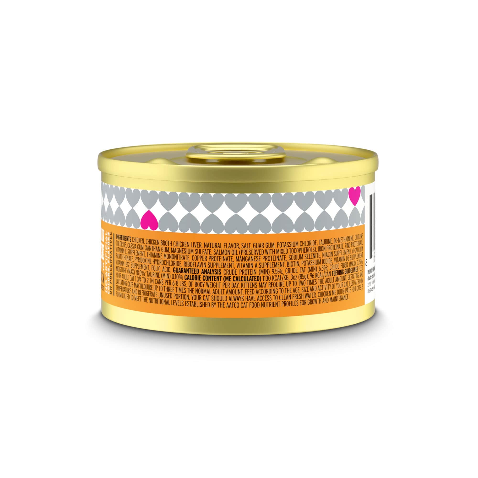 A can of cat food labeled Original Recipe - Chicken Me Out Pâté, featuring a gold lid with heart designs, promising a gourmet chicken pâté experience for your feline friend.