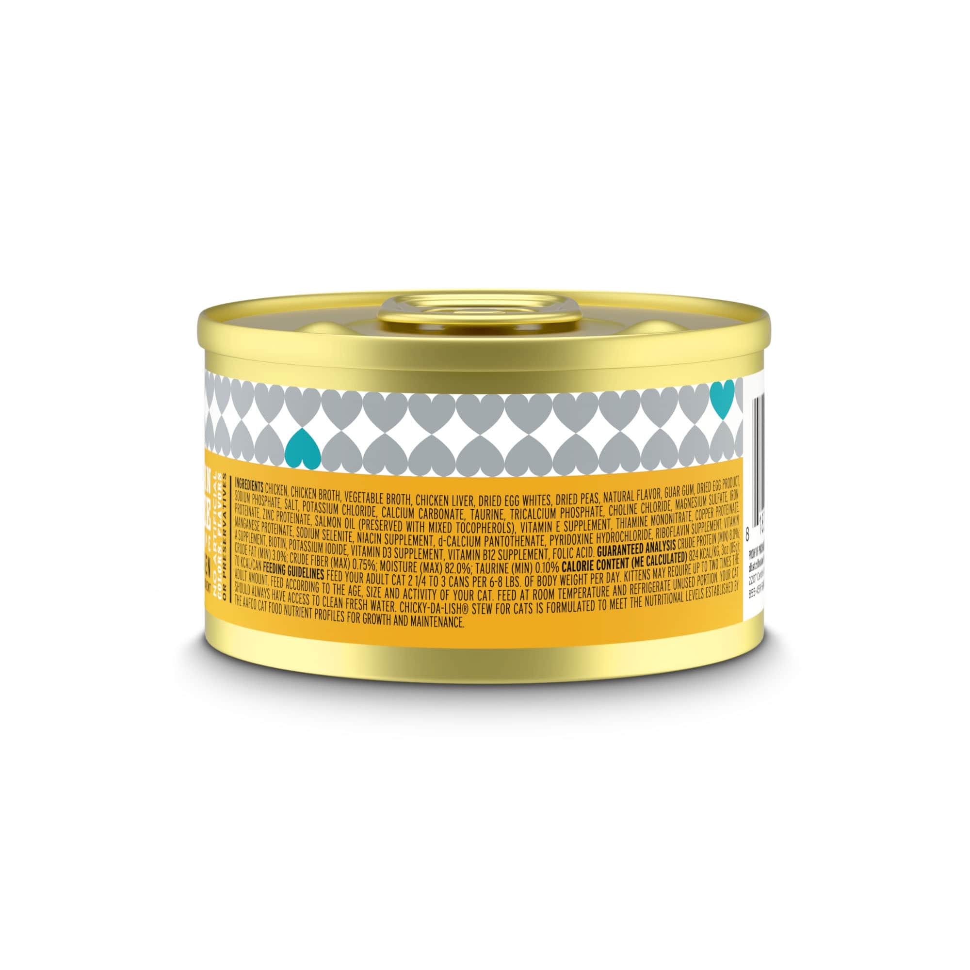 A can of Chicky-Da-Lish Stew cat food featuring a yellow label, packed with savory chicken stew for your feline friend's energy and nutrition needs.