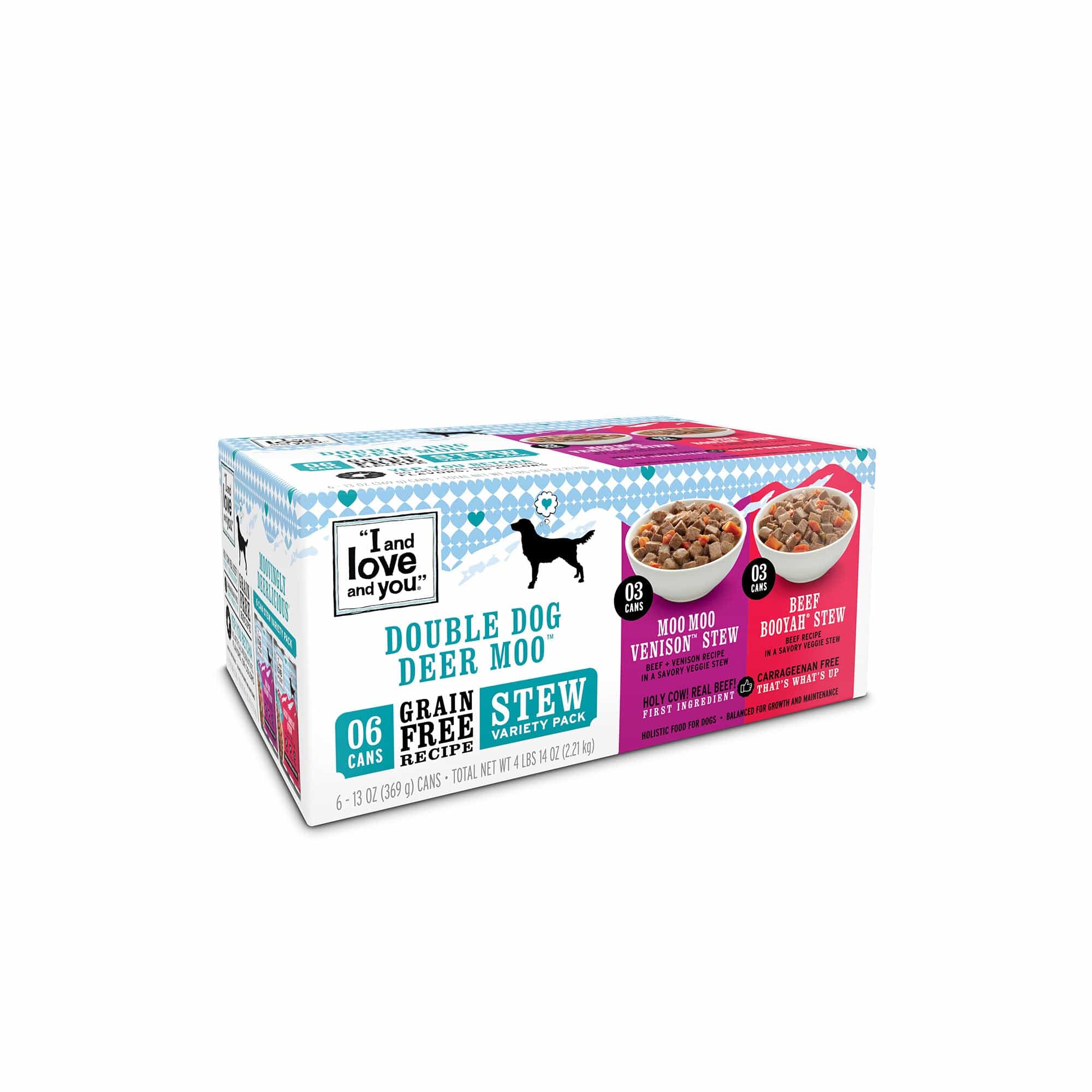 A variety pack of canned wet dog food with real meat and veggies, including Moo Moo Venison and Beef Booyah flavors.