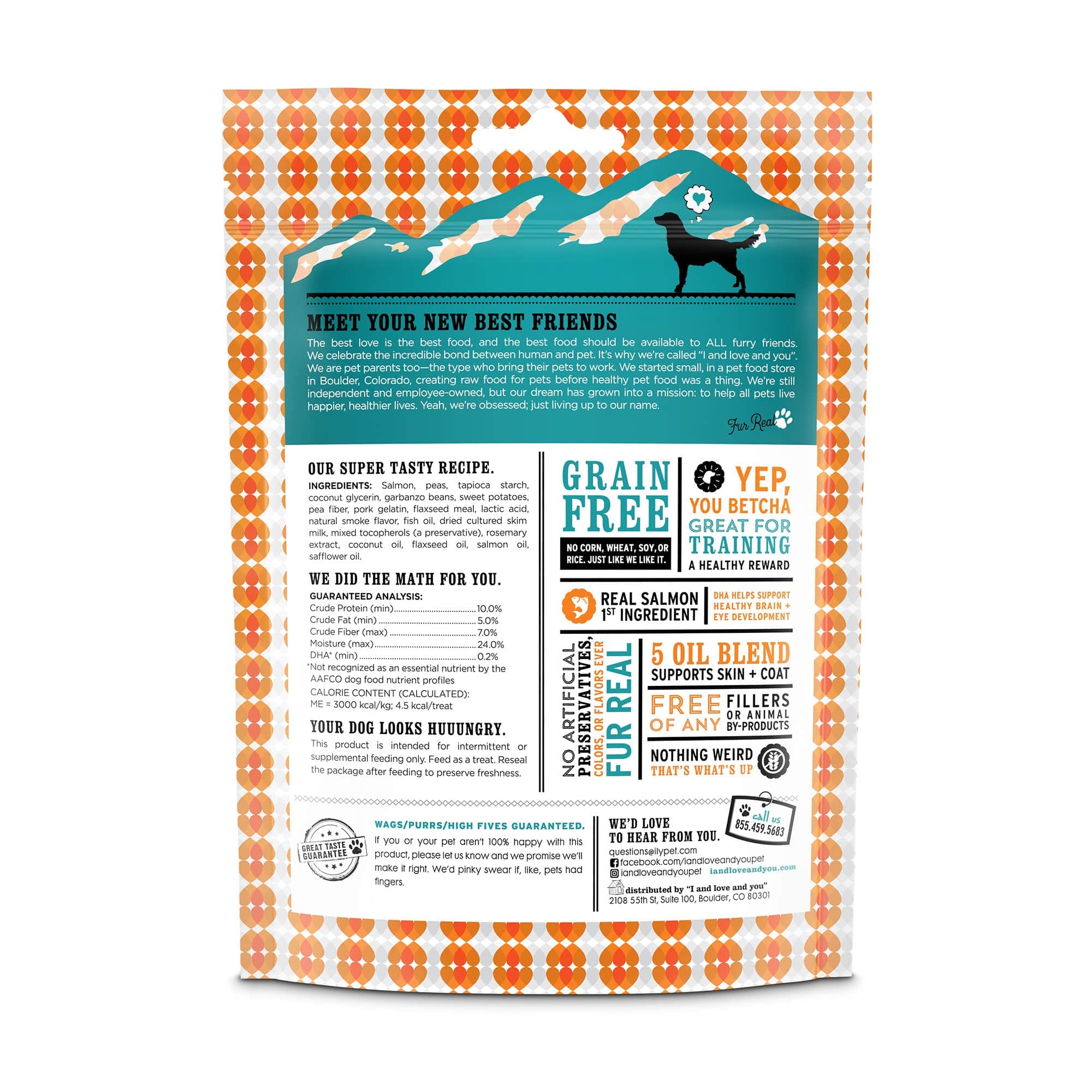 Super Smarty Hearties dog treats package back side with list of ingredients, instructions and barcode