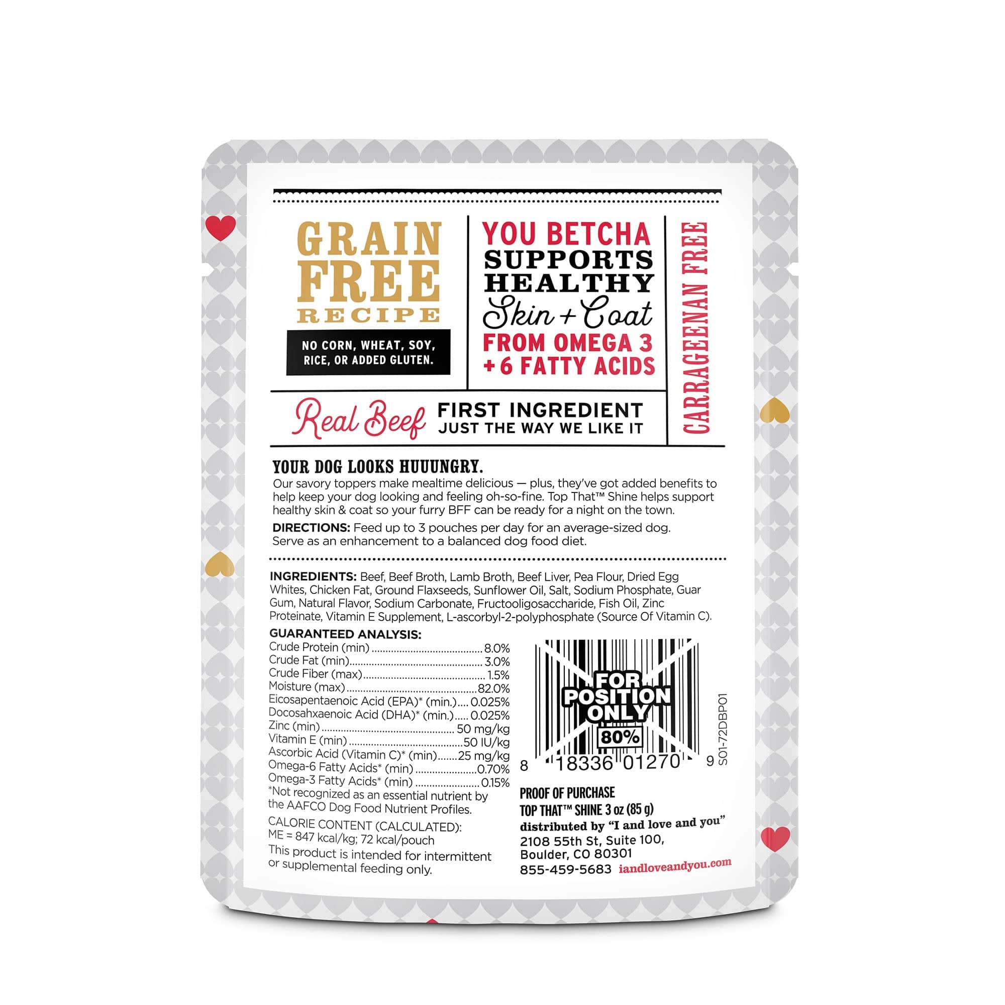Top That Shine - Beef Recipe dog food bag back side with list of ingredients, instructions and barcode