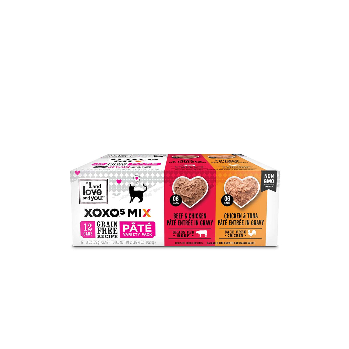 A variety pack of moist canned pâté with chicken & tuna and beef & chicken flavors, perfect for your cat's mealtime excitement.
