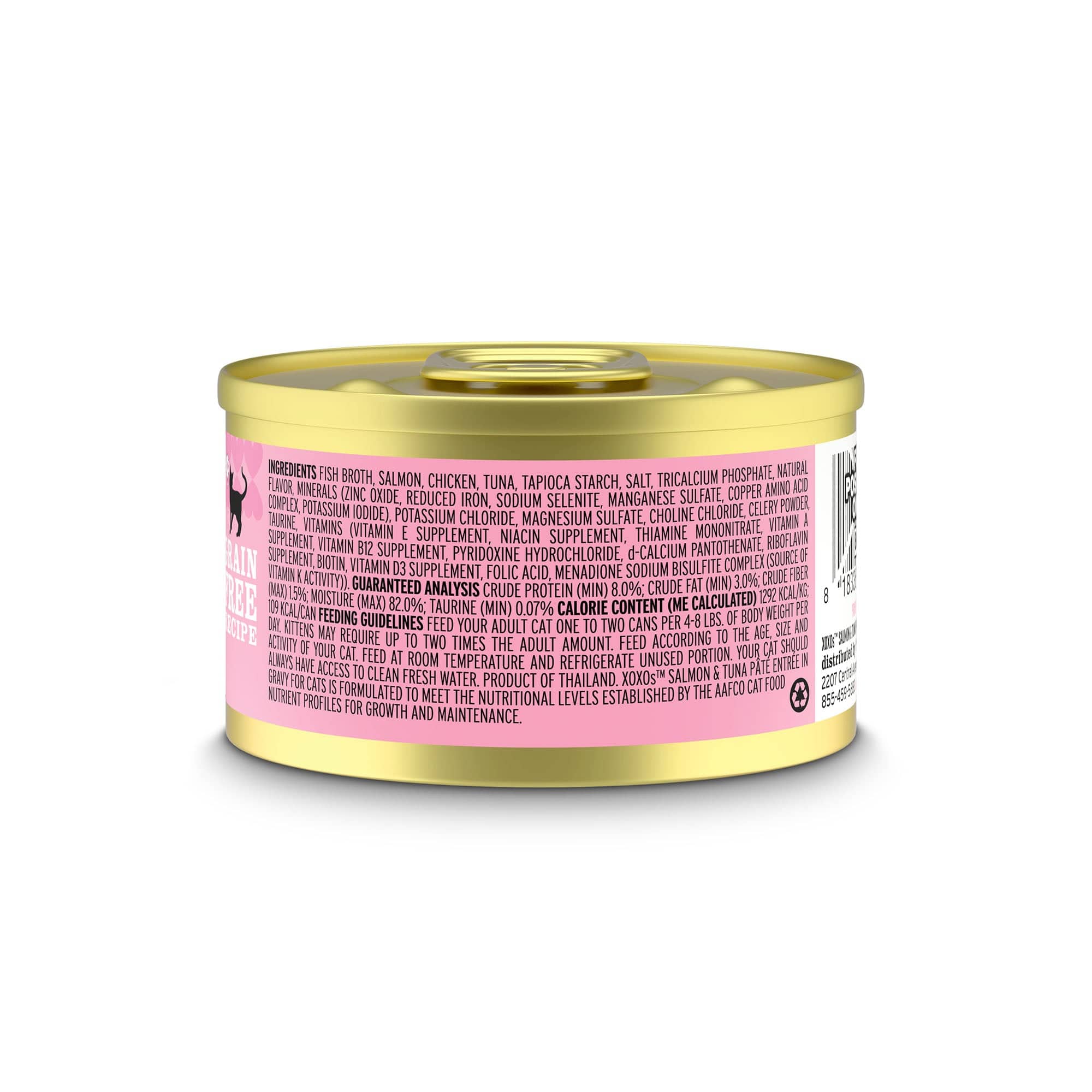 A close-up of a can of XOXOs Salmon & Tuna Pate with a label.
