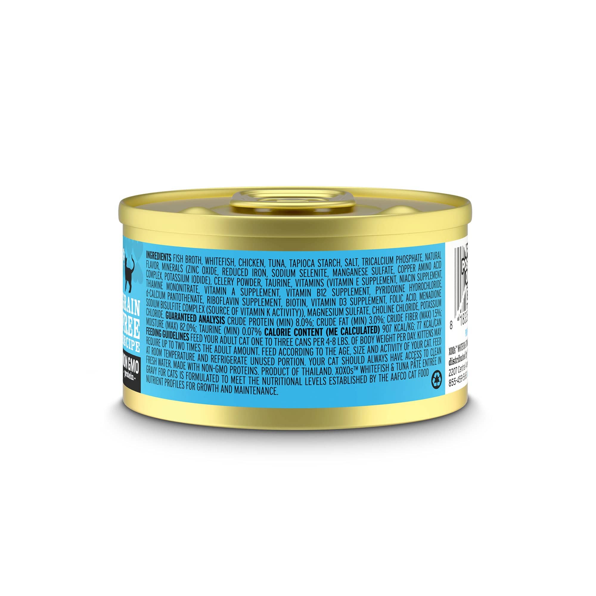 A close-up of XOXOs Whitefish & Tuna Pate can with label.