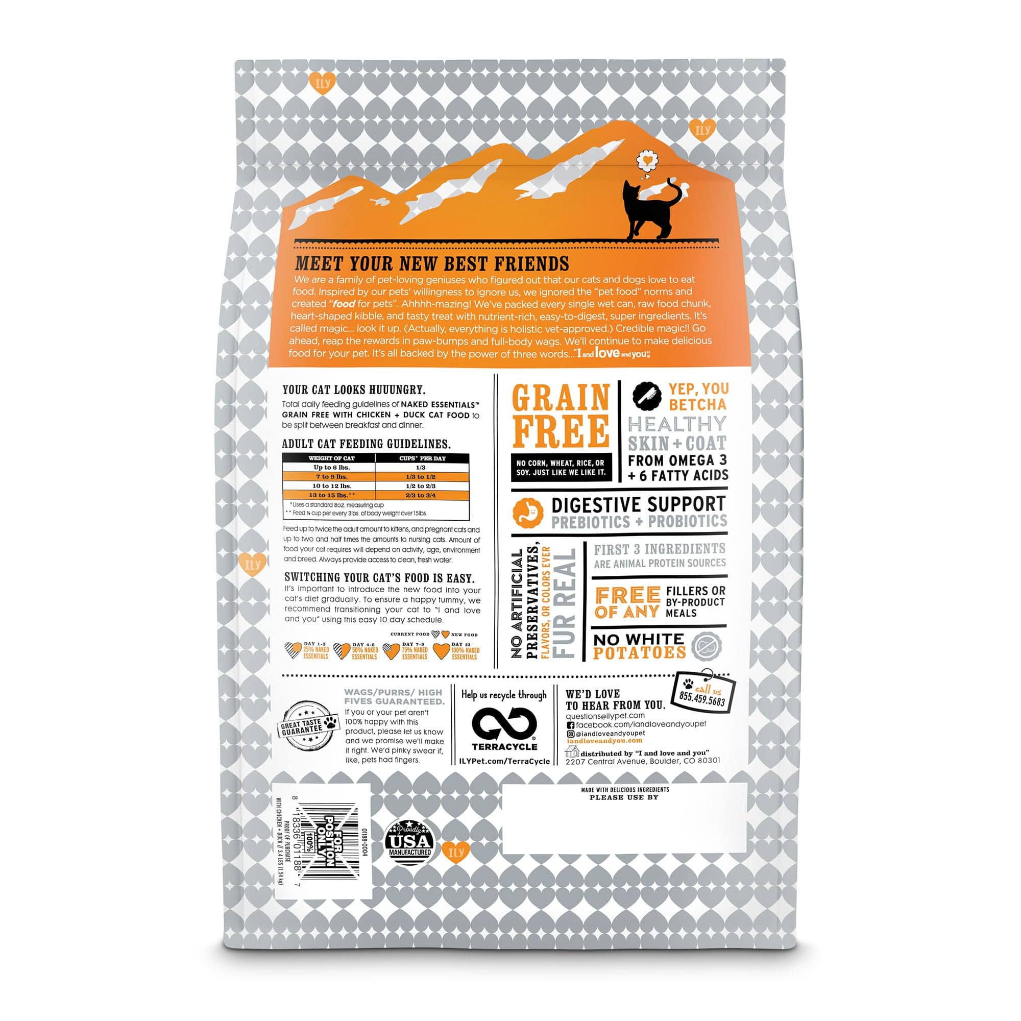 A bag of Naked Essentials - Chicken + Duck kibble, package back side with list of ingredients, instructions and barcode