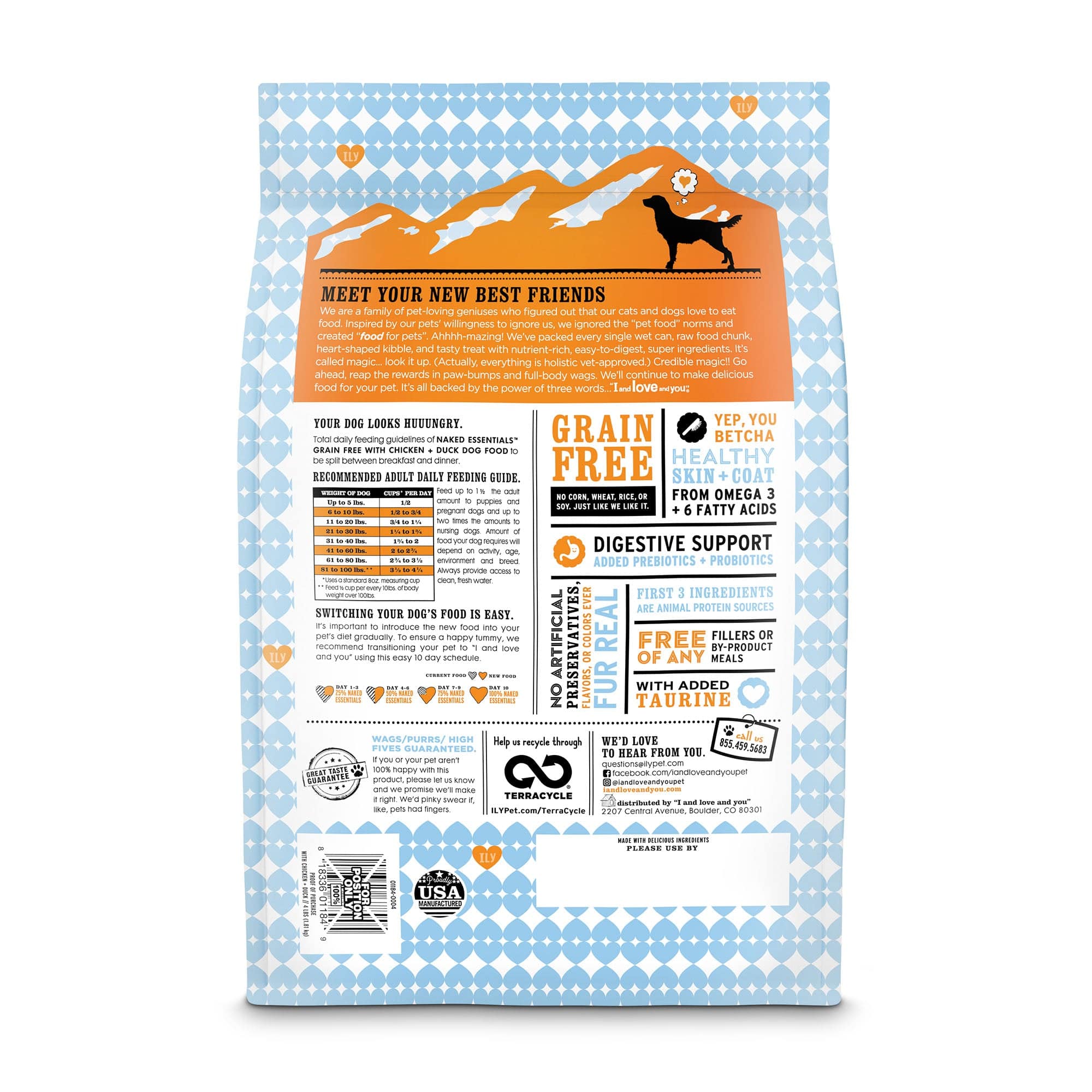 A bag of Naked Essentials - Chicken + Duck dog food, package back side with list of ingredients, instructions and barcode