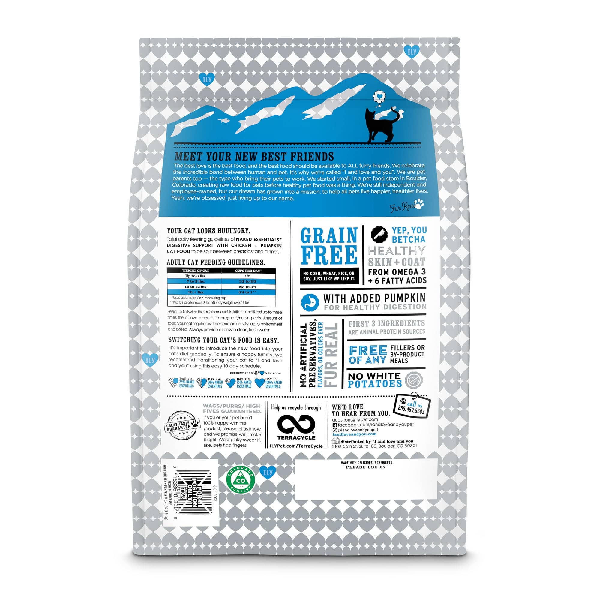 Naked Essentials Digestive Support Chicken + Pumpkin cat food kibble bag back side with list of ingredients, instructions and barcode