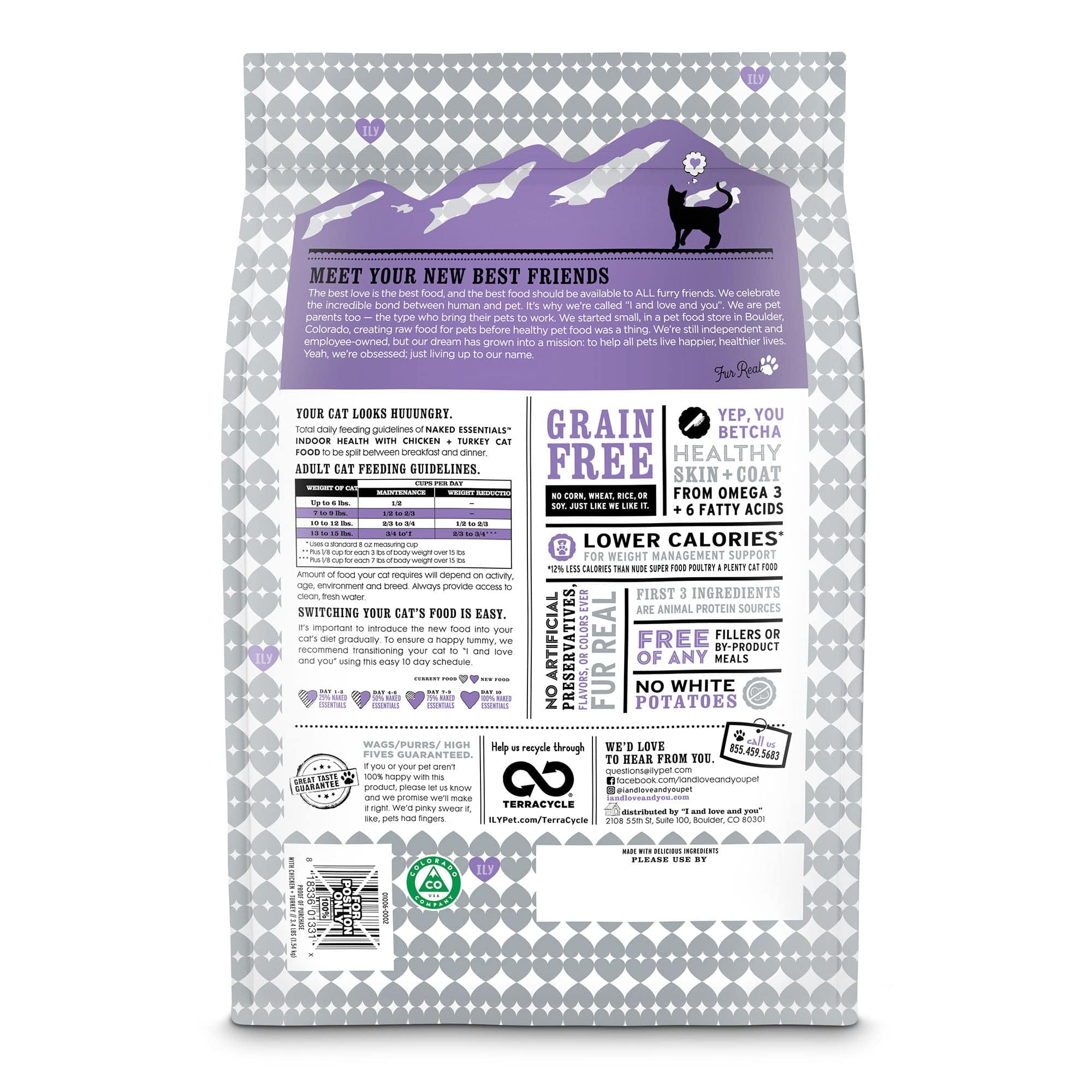 A bag of Naked Essentials Indoor Health kibble with chicken and turkey, package back side with list of ingredients, instructions and barcode