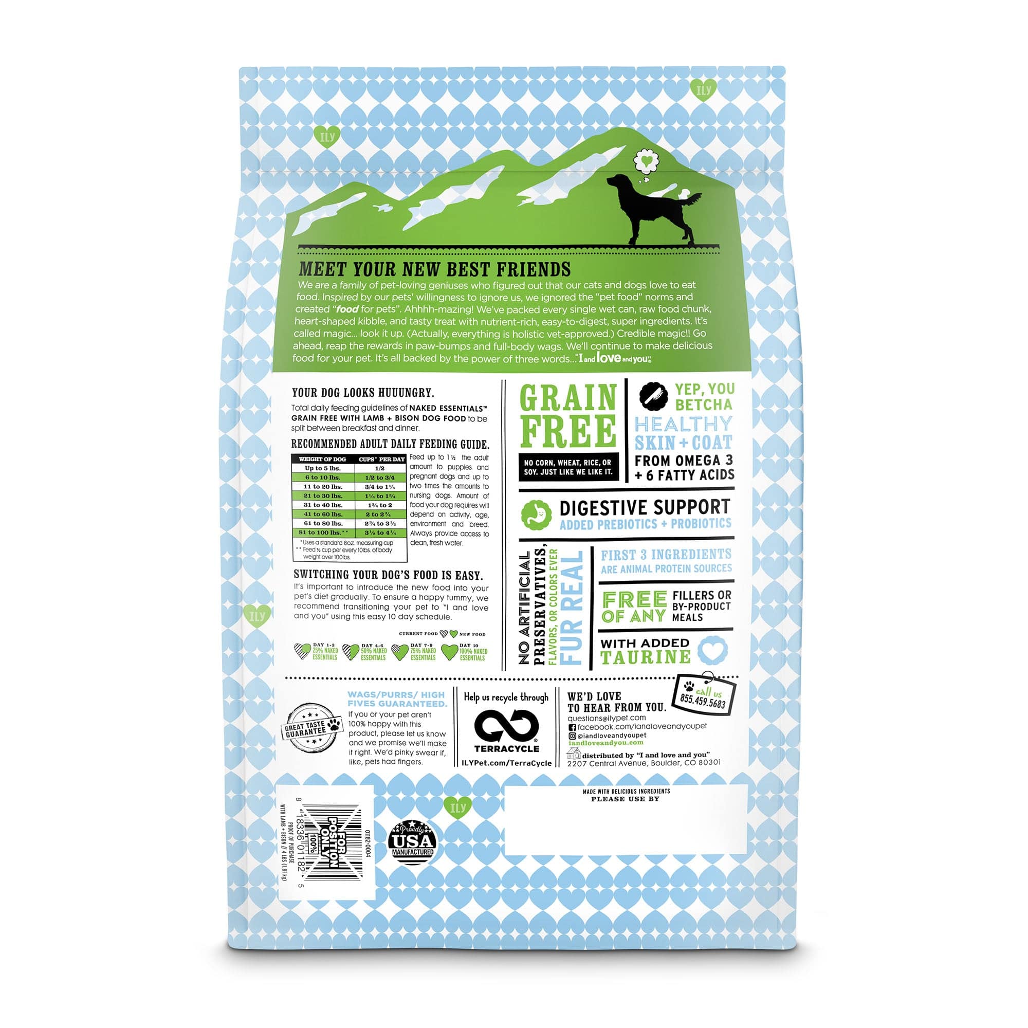 A bag of Naked Essentials kibble, package back side with list of ingredients, instructions and barcode