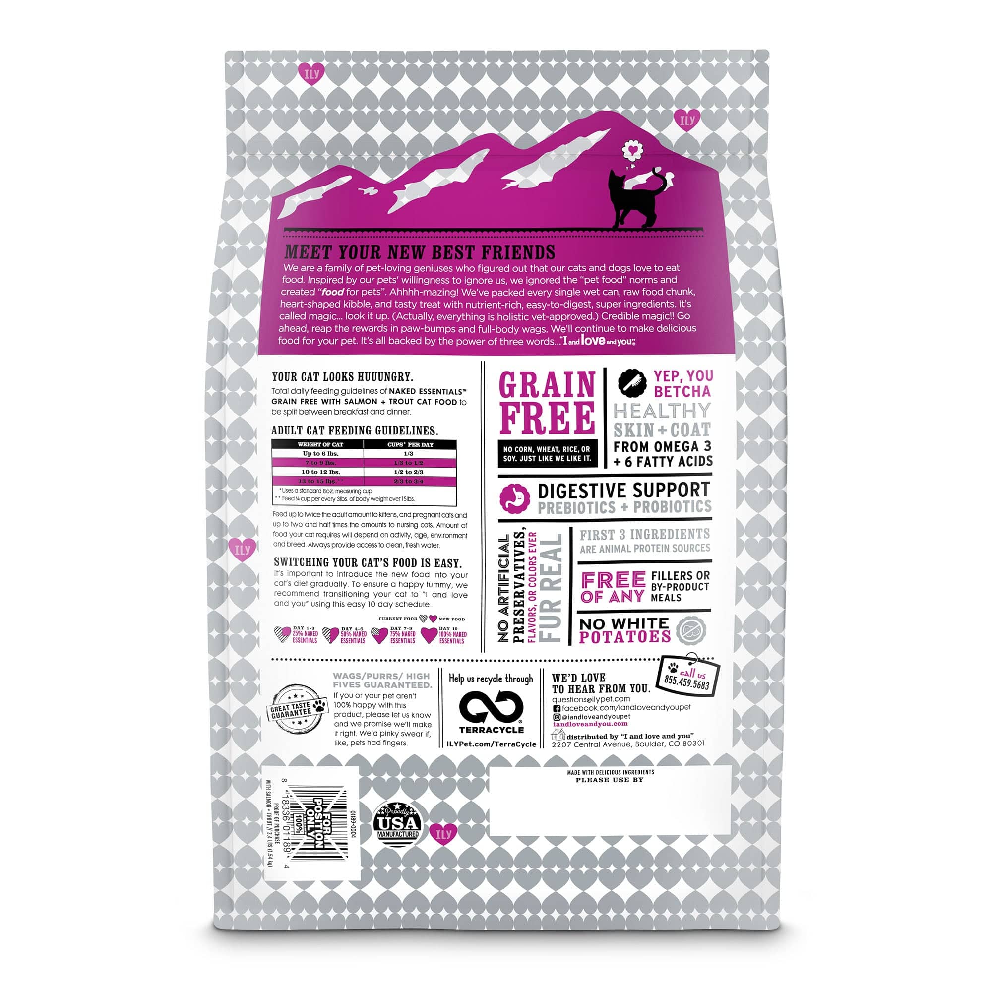 Naked Essentials kibble bag back side with list of ingredients, instructions and barcode