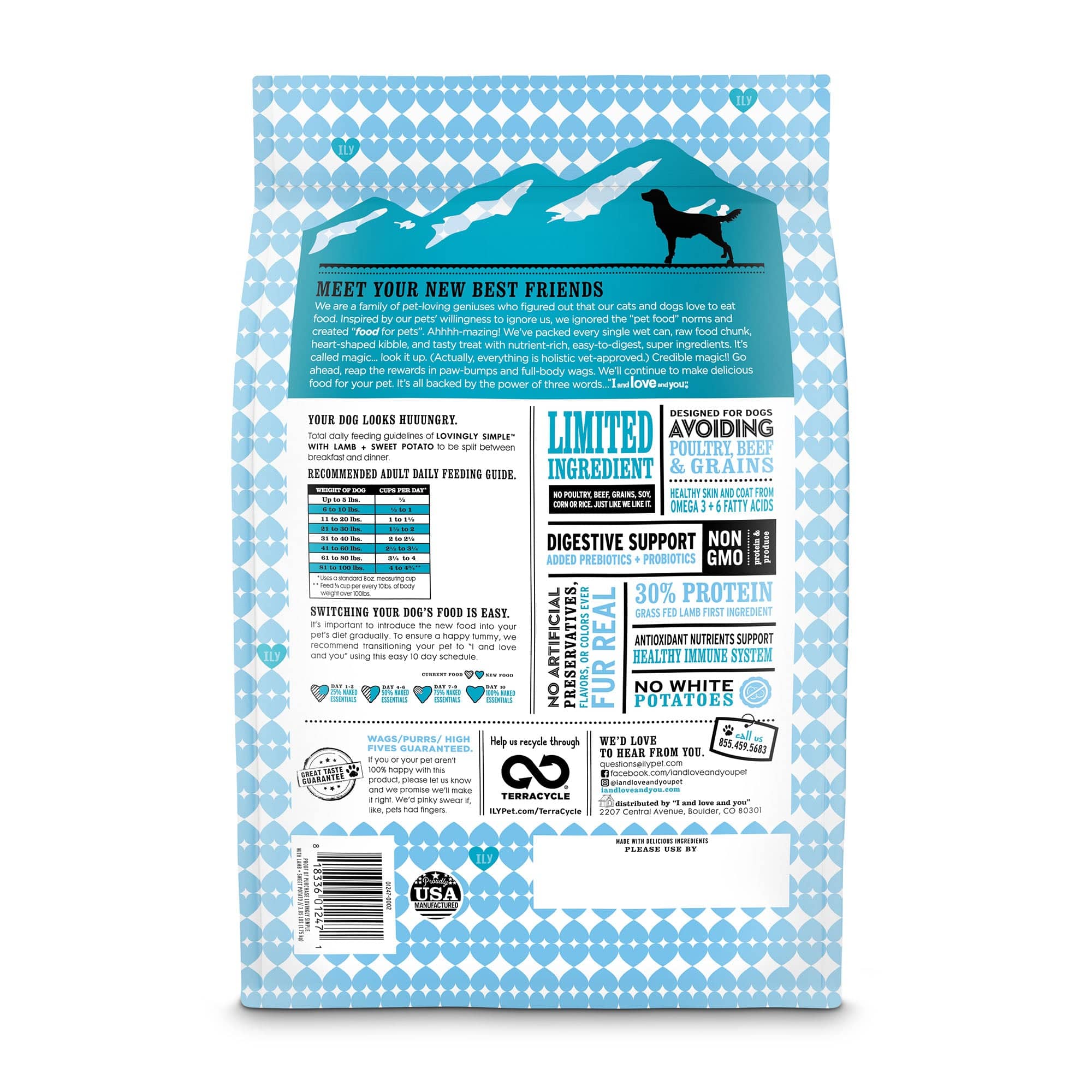 Lovingly Simple - Lamb + Sweet Potato dog food bag back side with list of ingredients, instructions and barcode