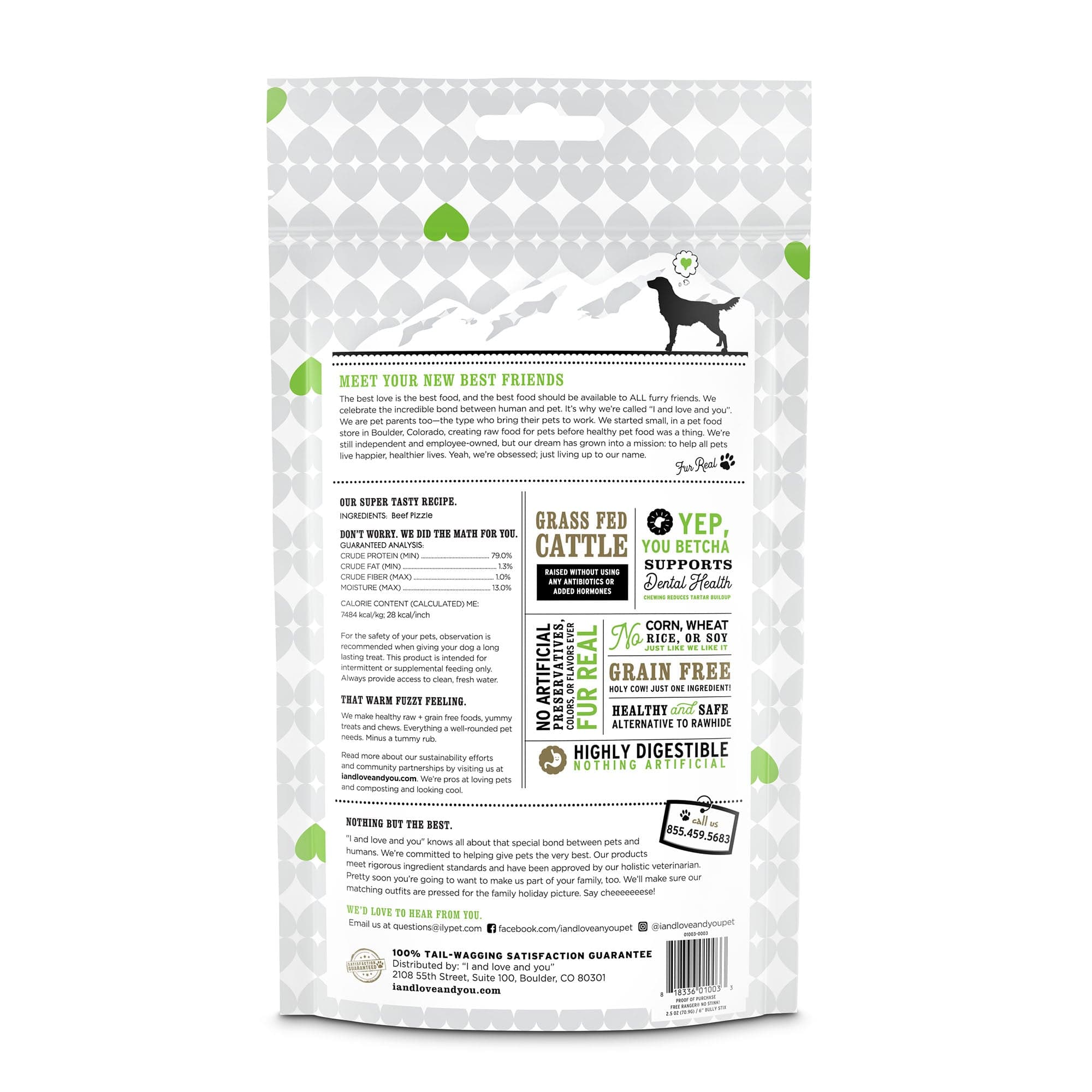 No Stink! Bully Stix dog treats packaging back side with list of ingredients, instructions and barcode