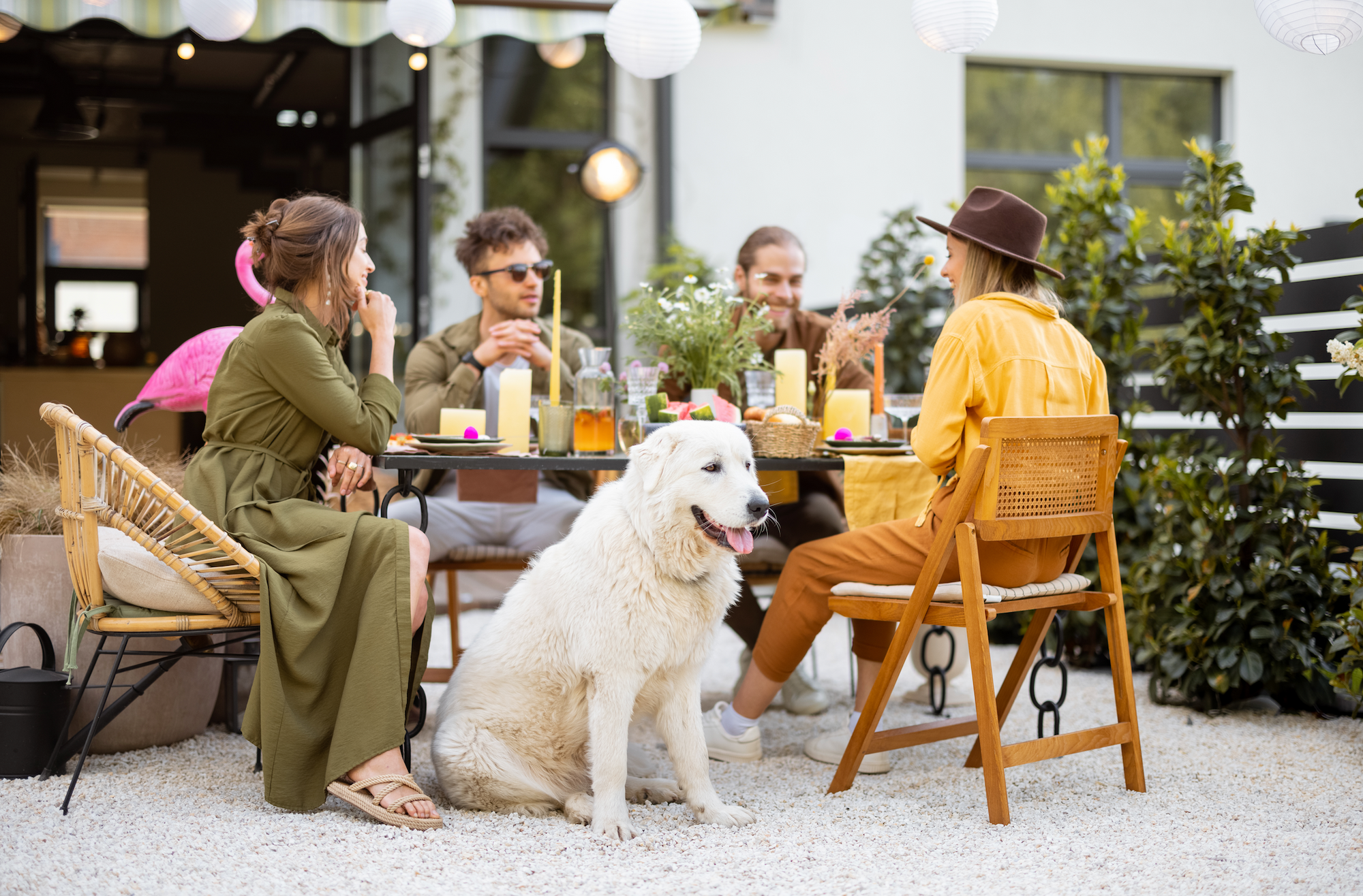 A group of people sitting at a table with a dog and a white dog sitting on the ground.