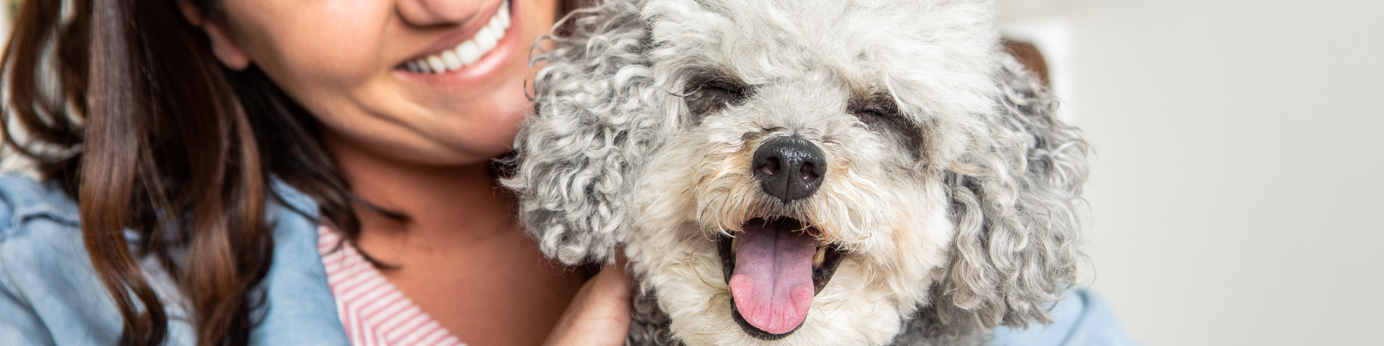 A woman smiling broadly holds a fluffy, curly-haired dog that appears to be yawning with its eyes closed and tongue out. The background is blurred, focusing on the joyful interaction between the woman and her dog.