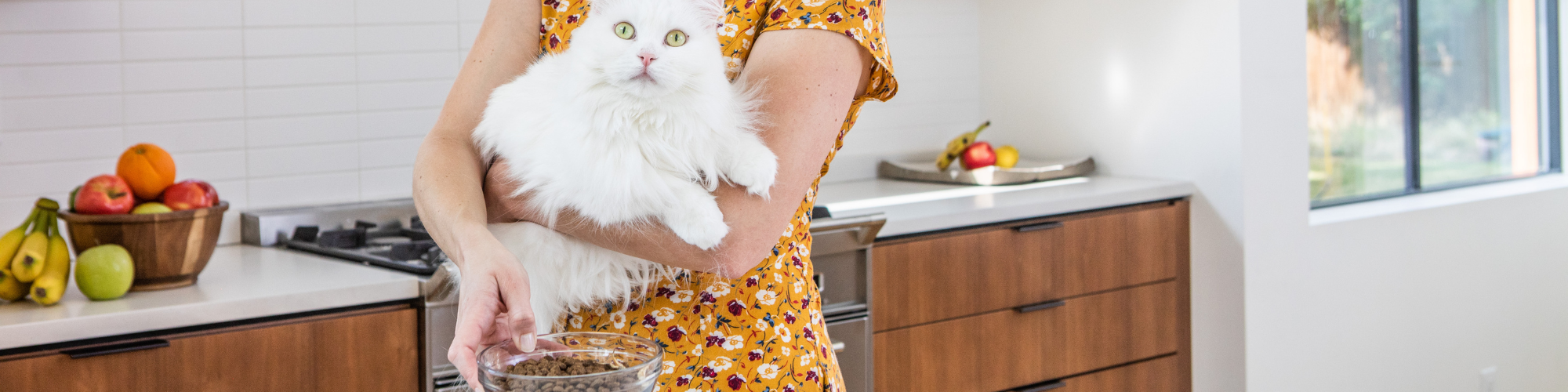 A woman holding a cat indoors in a kitchen setting.