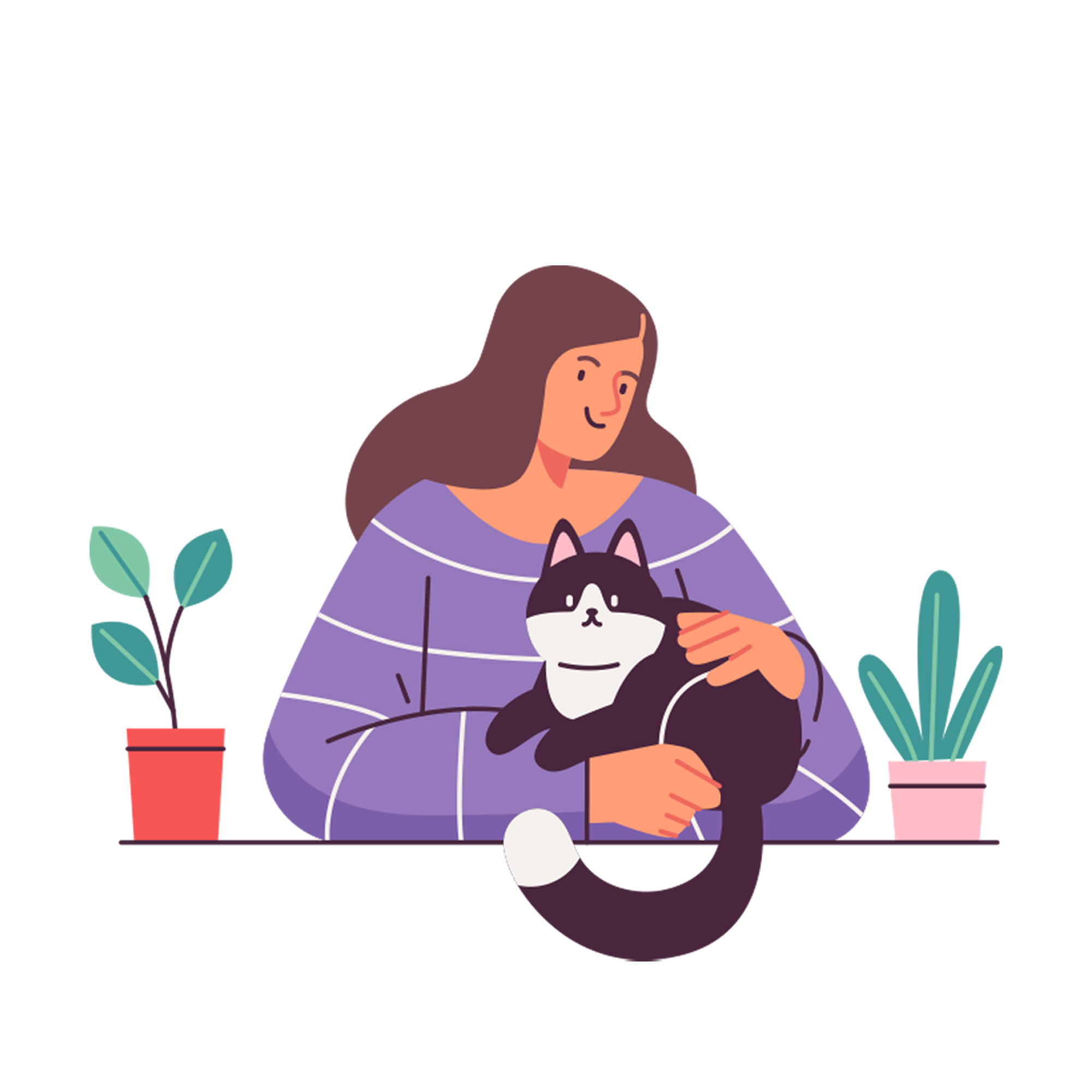 A woman holding a cat with a cartoon style illustration.