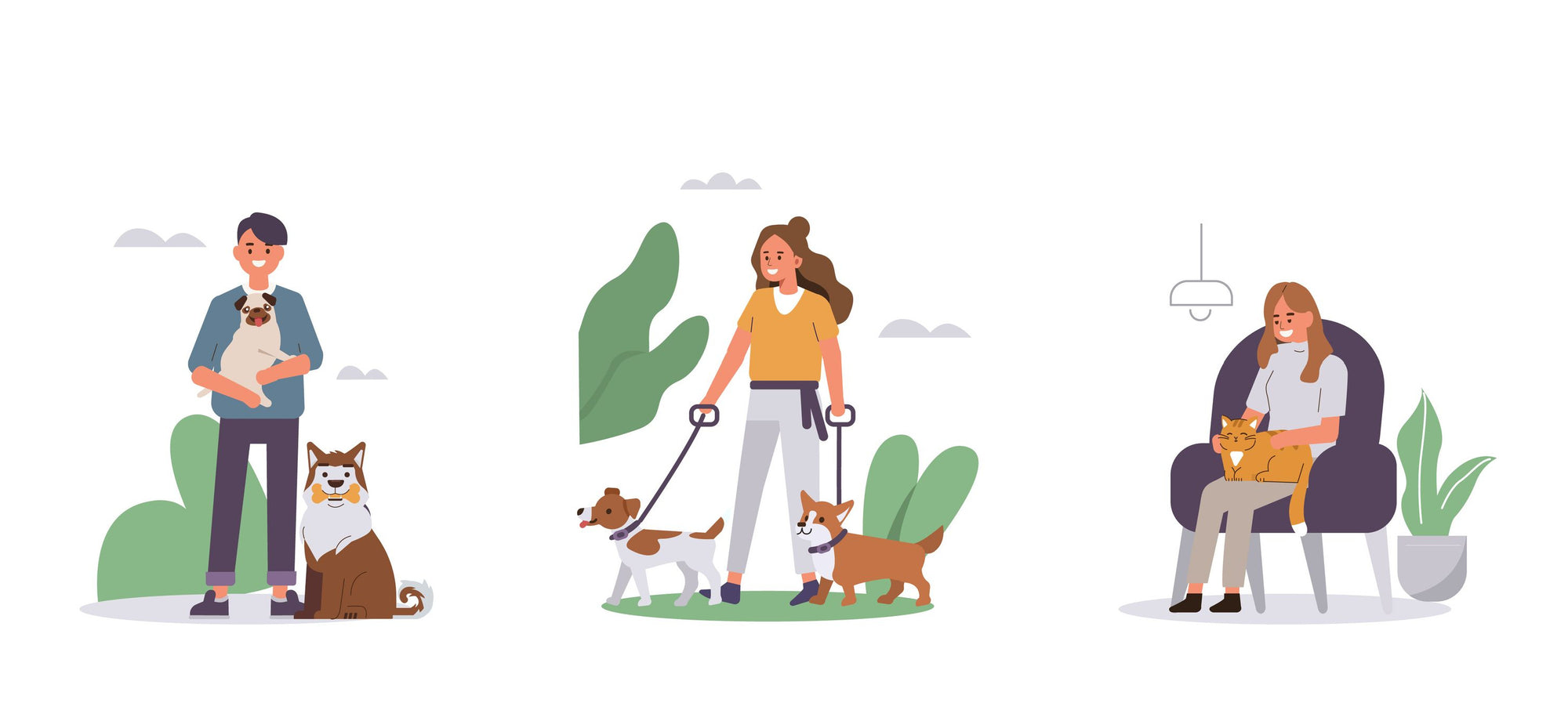 A woman walking dogs on leashes, a man holding a dog, and a woman sitting on a chair holding a cat in a store article image.
