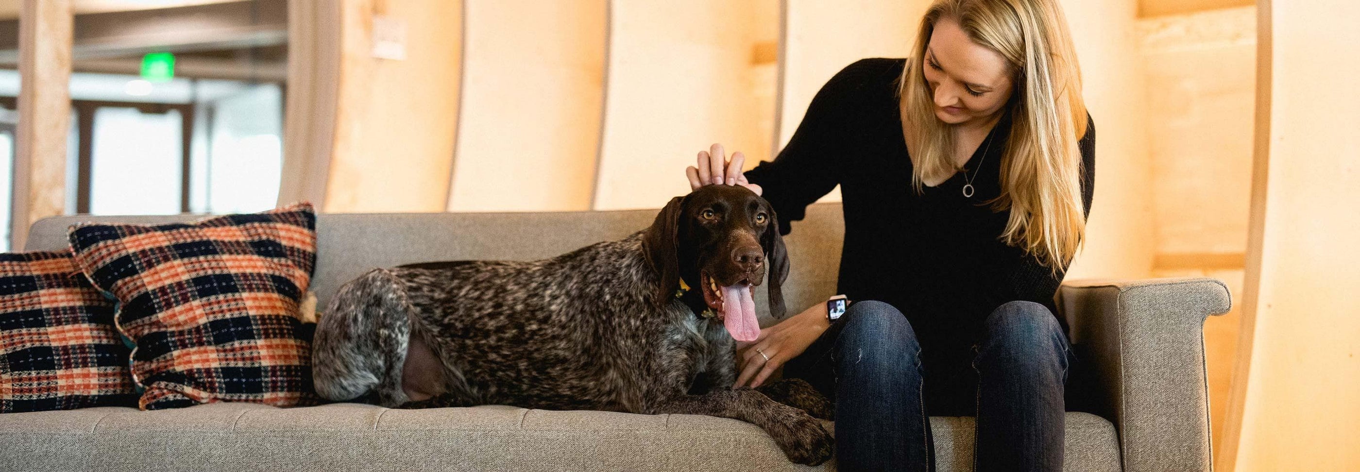 A woman with long blonde hair, wearing a black top and jeans, sits on a grey couch petting a large brown and white dog. The dog is lying down with its tongue out. Two colorful plaid pillows are on the couch next to them. The background is warmly lit.